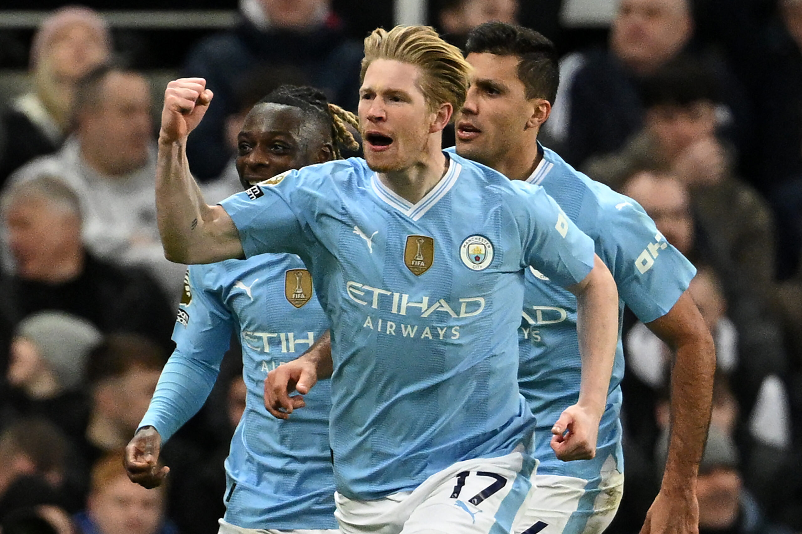 Kevin De Bruyne celebrates after scoring for Manchester City against Newcastle United in the Premier League in January 2024.