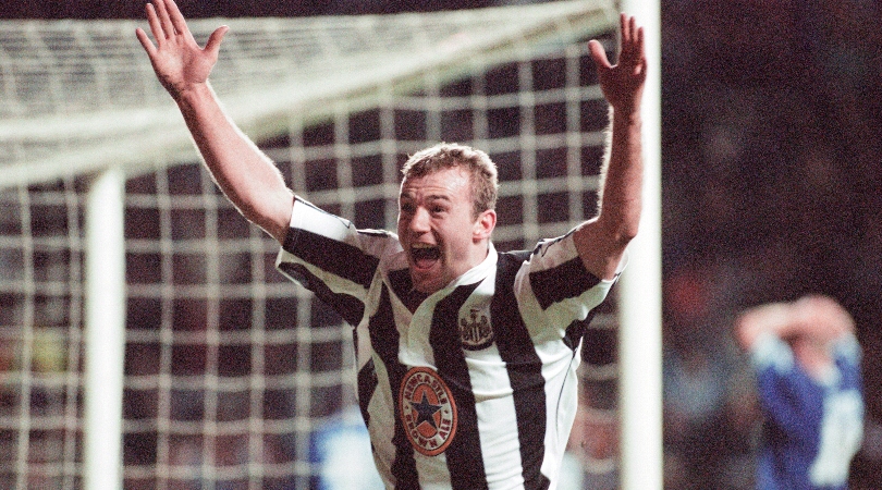 Alan Shearer celebrates after scoring a hat-trick for Newcastle United against Leicester City in February 1997.