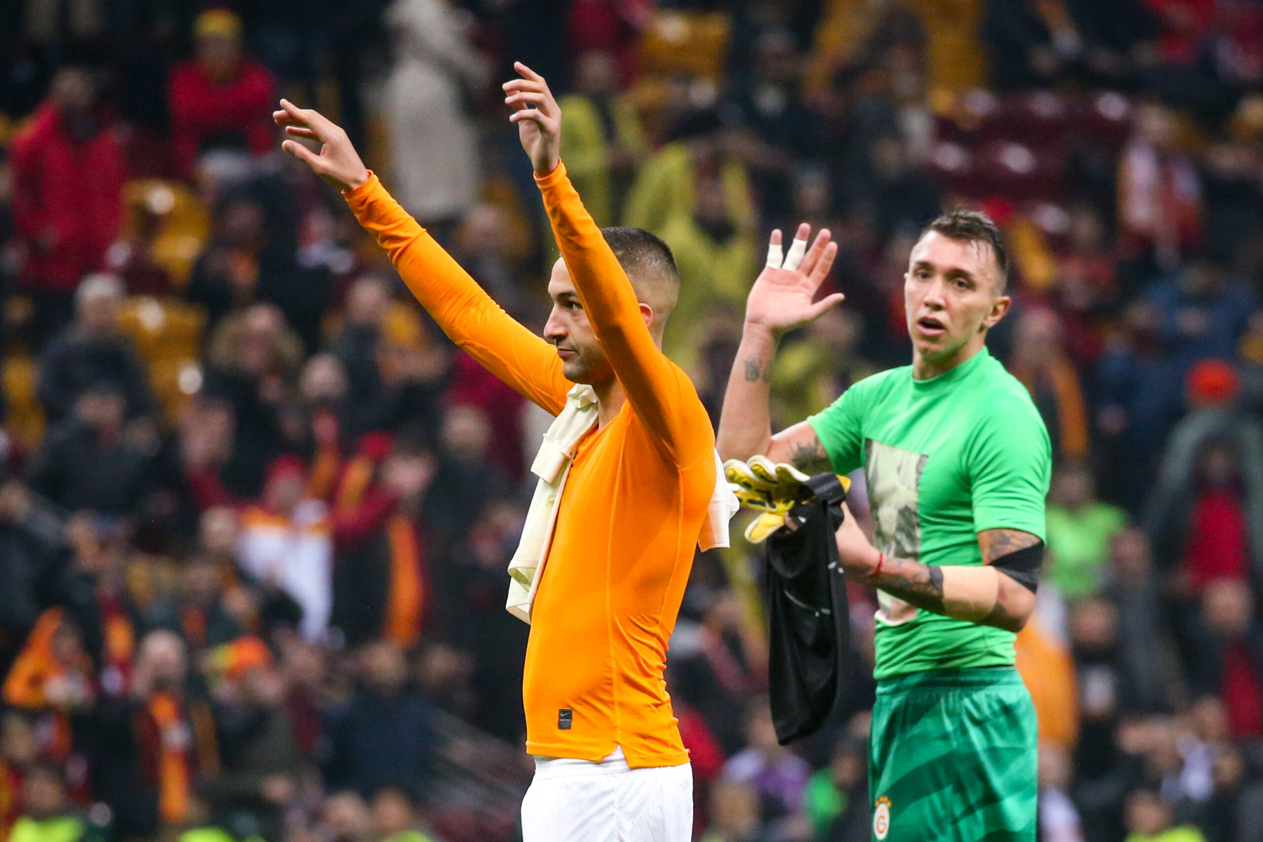 Hakim Ziyech salutes the Galatasaray fans after a 3-3 draw in the Champions League in November 2023, in which he scored two free-kicks.