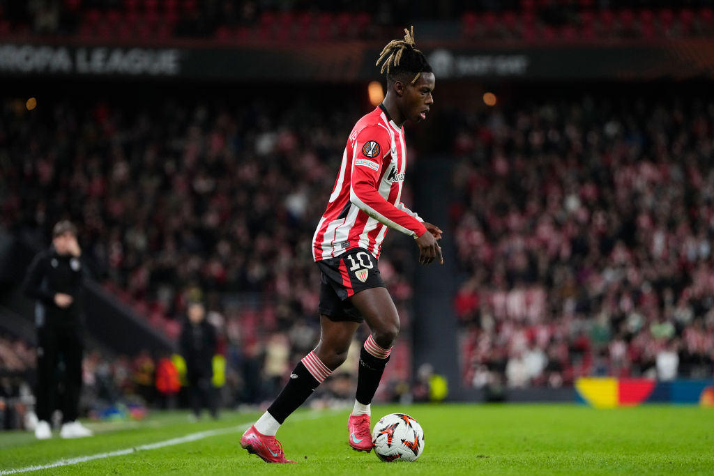 Nico Williams left winger of Athletic Club and Spain during the UEFA Europa League 2024/25 League Phase MD8 match between Athletic Club and FC Viktoria Plzen at Estadio de San Mames on January 30, 2025 in Bilbao, Spain.
