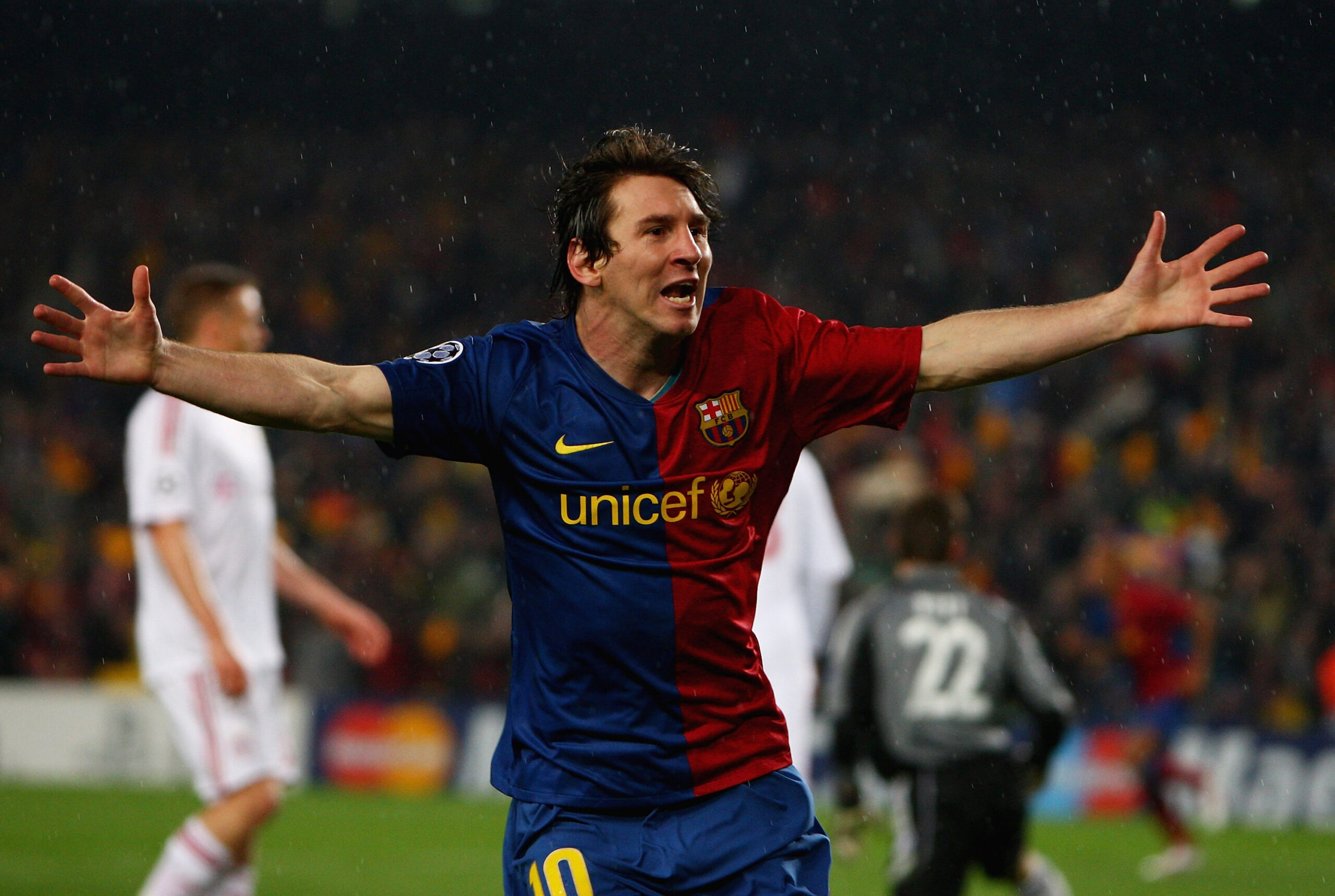 Lionel Messi celebrates after scoring for Barcelona against Bayern Munich in the Champions League in April 2009.