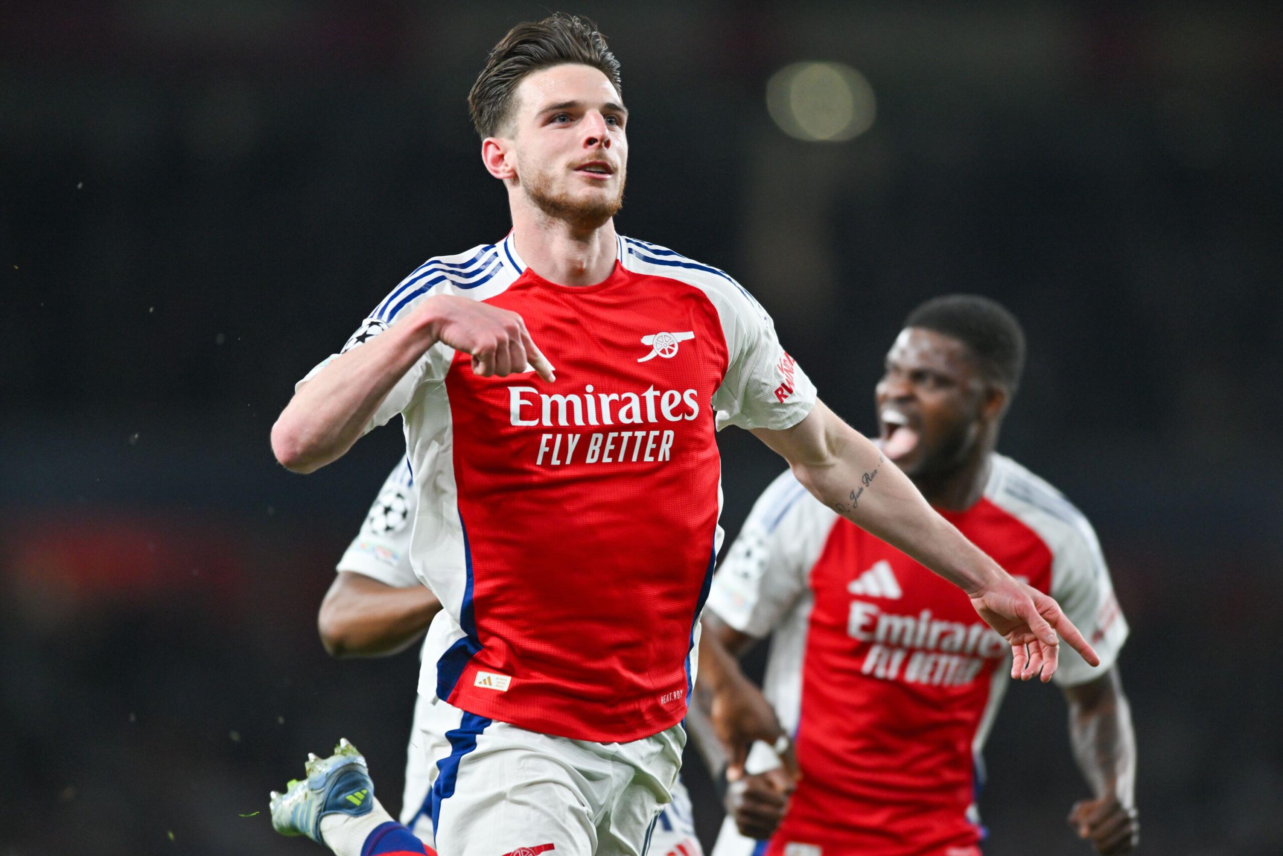 Declan Rice celebrates after scoring for Arsenal against Real Madrid in the Champions League quarter-finals, April 2025.