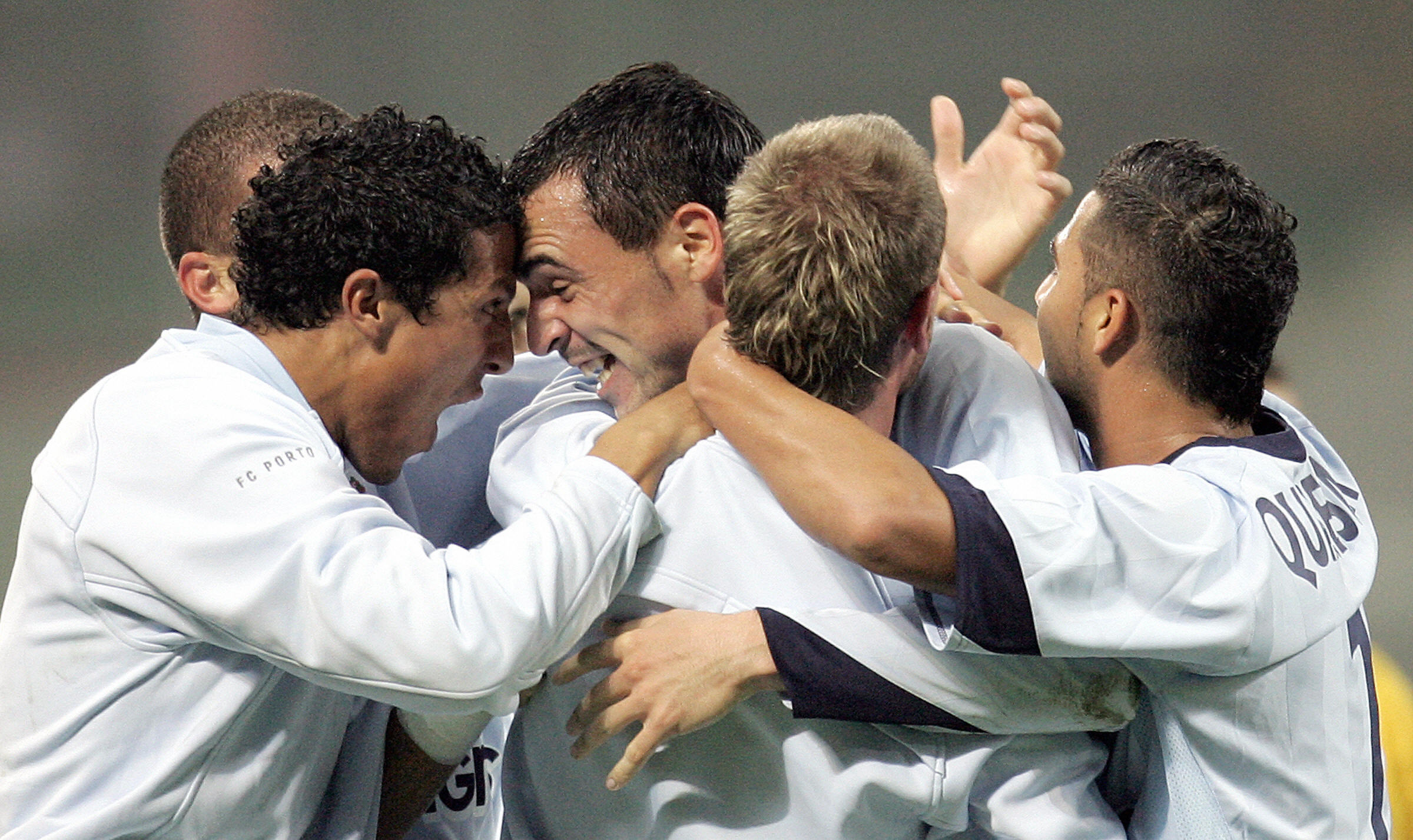 Hugo Almeida (centre) celebrates with team-mates after scoring for Porto against Inter in November 2005.