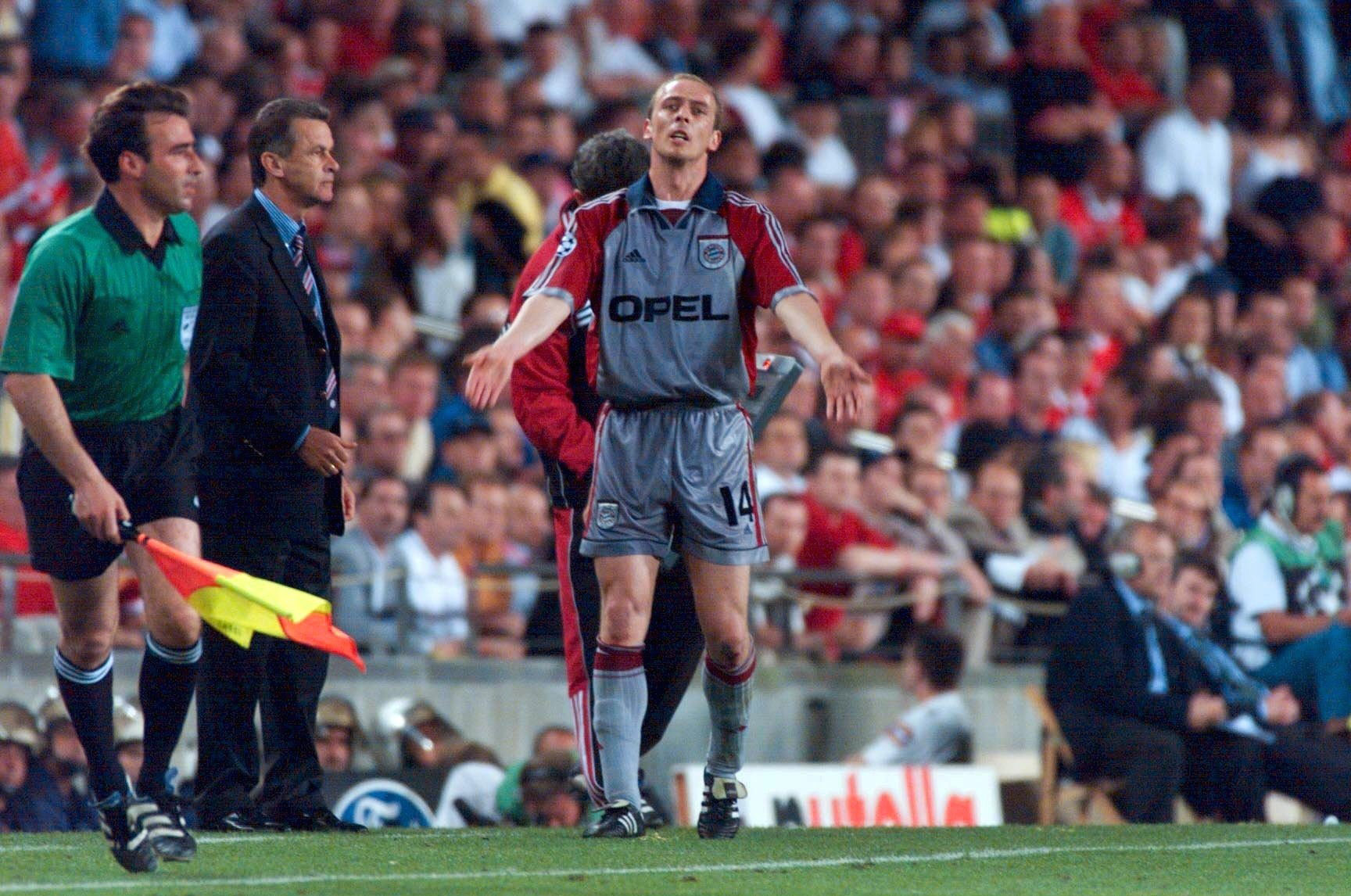 Bayern Munich's Mario Basler gestures during the 1999 Champions League final against Manchester United at Camp Nou.