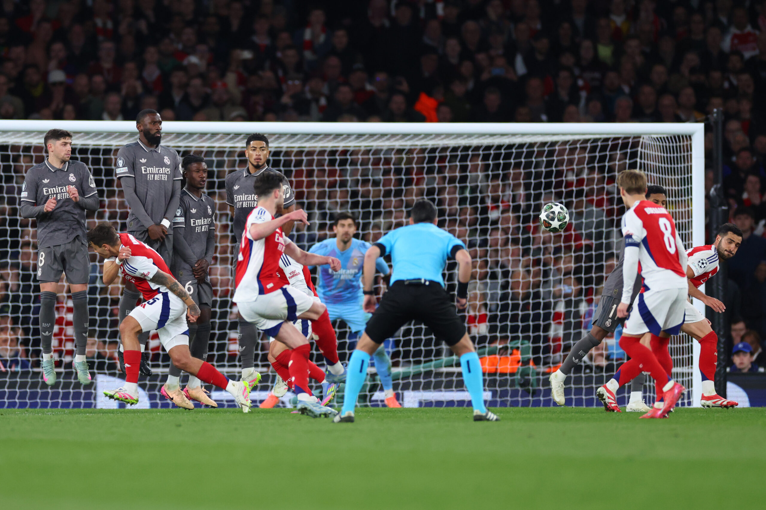 Declan Rice scores his second free-kick for Arsenal against Real Madrid in the Champions League in April 2025.
