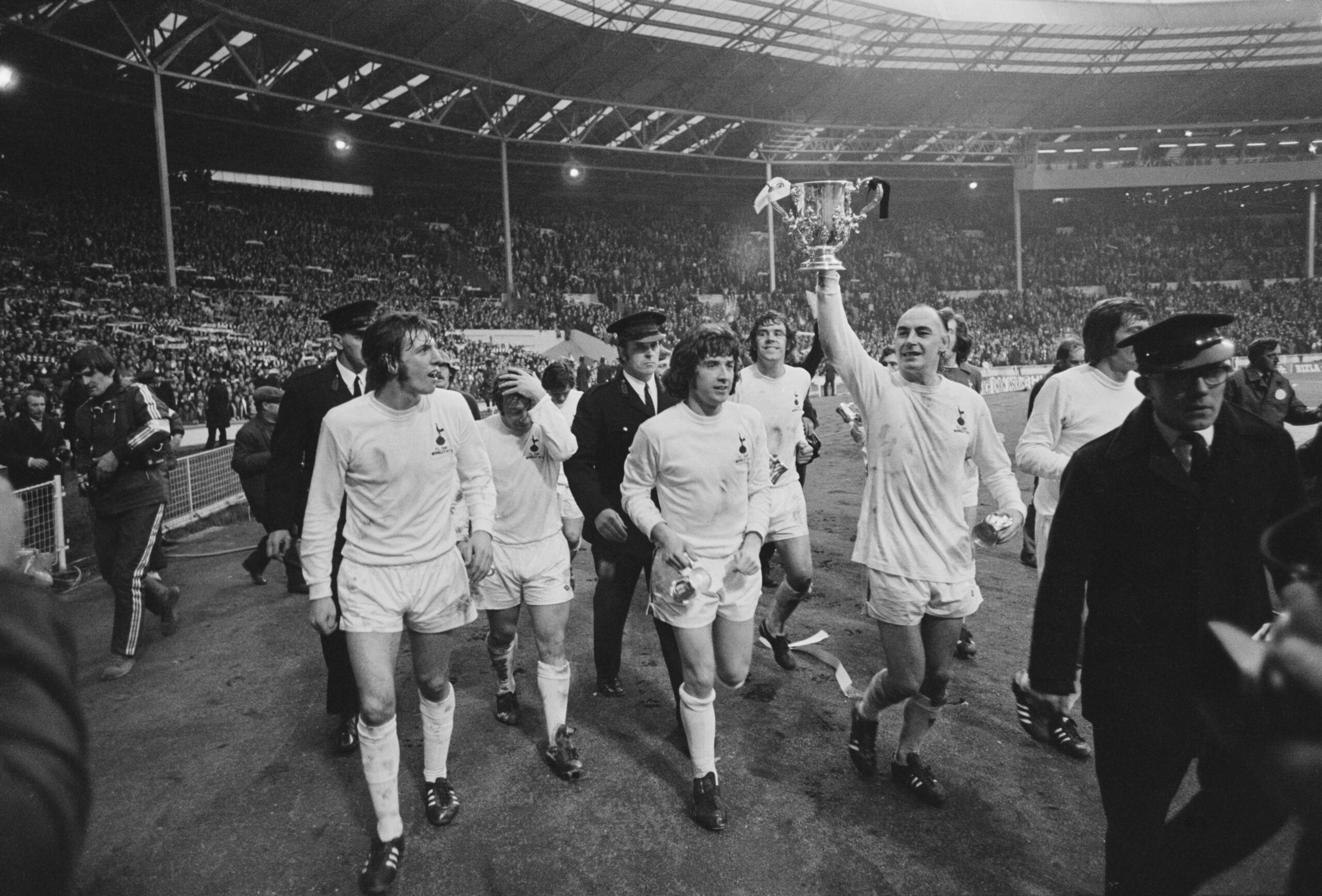 Tottenham players celebrate after victory over Norwich City in the 1973 League Cup final.