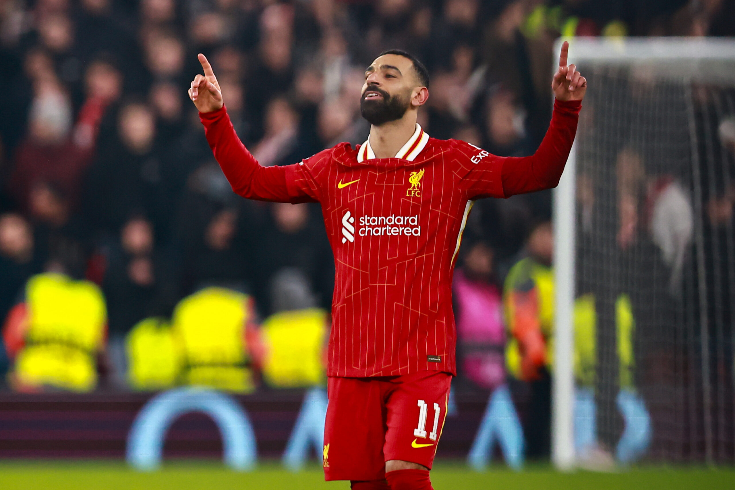 Mohamed Salah celebrates a goal for Liverpool against Lille in the Champions League in January 2025.