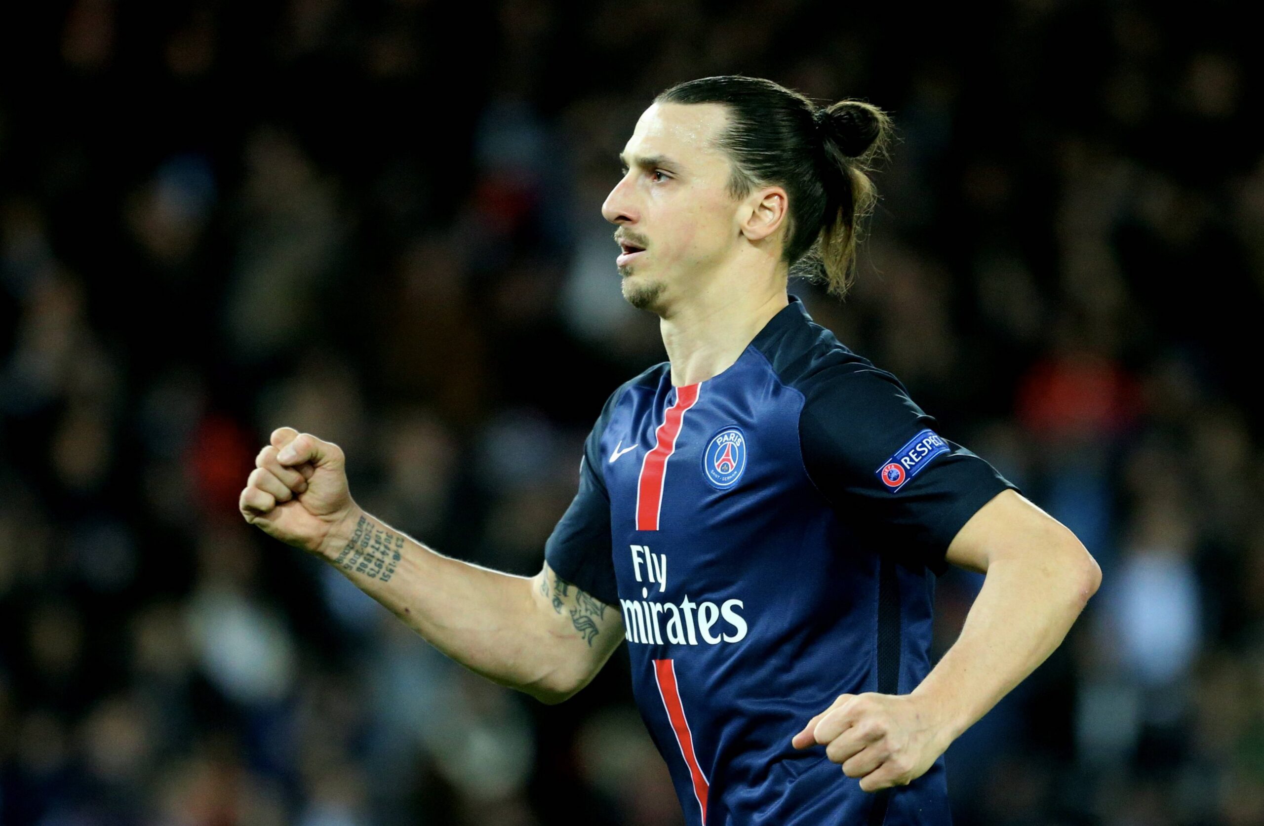 Zlatan Ibrahimovic celebrates a goal for Paris Saint-Germain against Manchester City in the Champions League in April 2016.