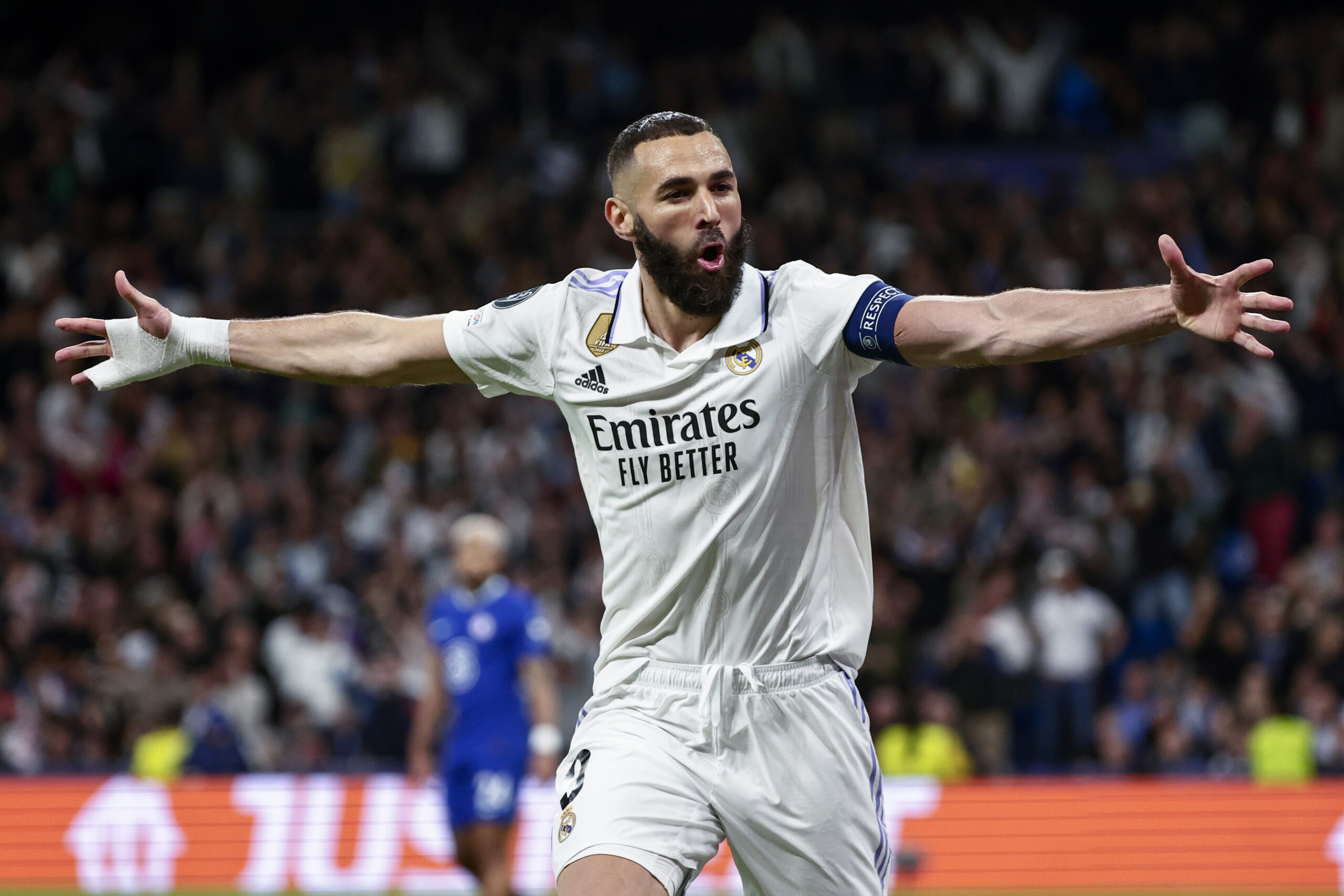 Karim Benzema celebrates a goal for Real Madrid against Chelsea in the Champions League in April 2023.