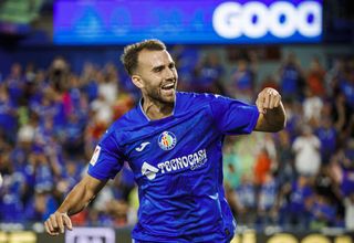 Borja Mayoral celebrates a goal for Getafe against Alaves in August 2023.