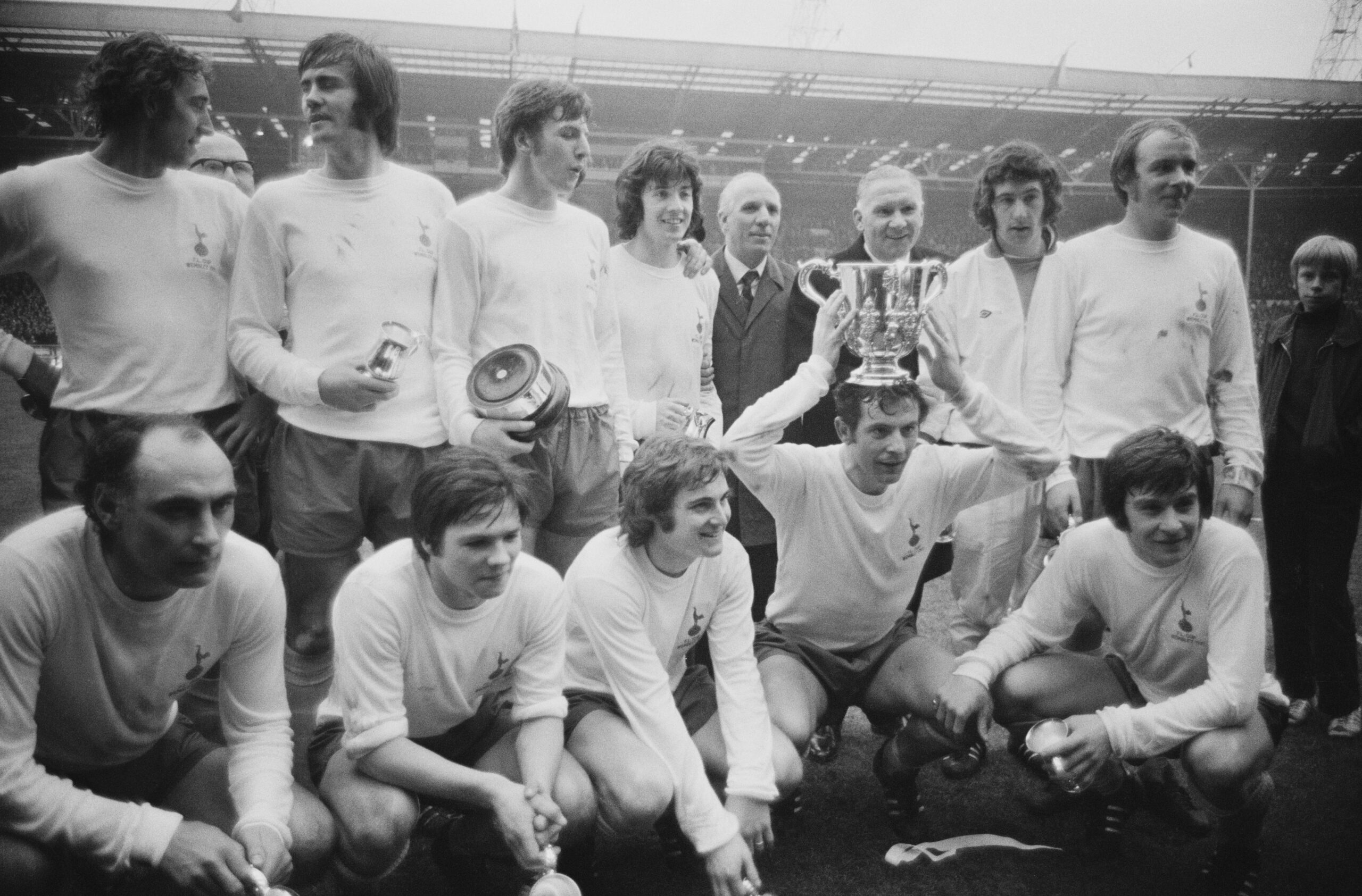 Tottenham players celebrate their League Cup final win over Aston Villa in February 1971.