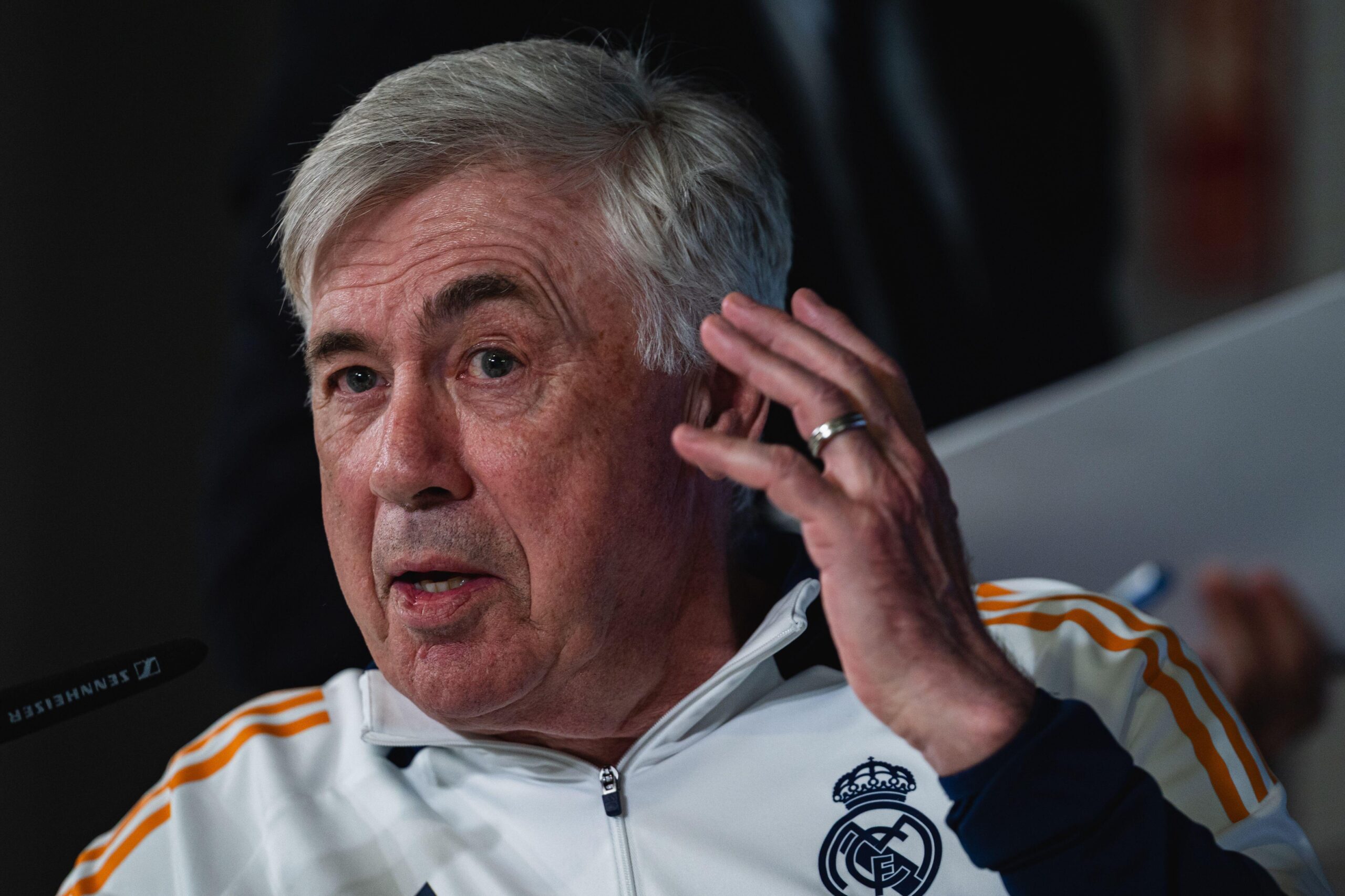 Real Madrid manager Carlo Ancelotti gestures during a press conference in Madrid, Spain on 28 March, 2025.
