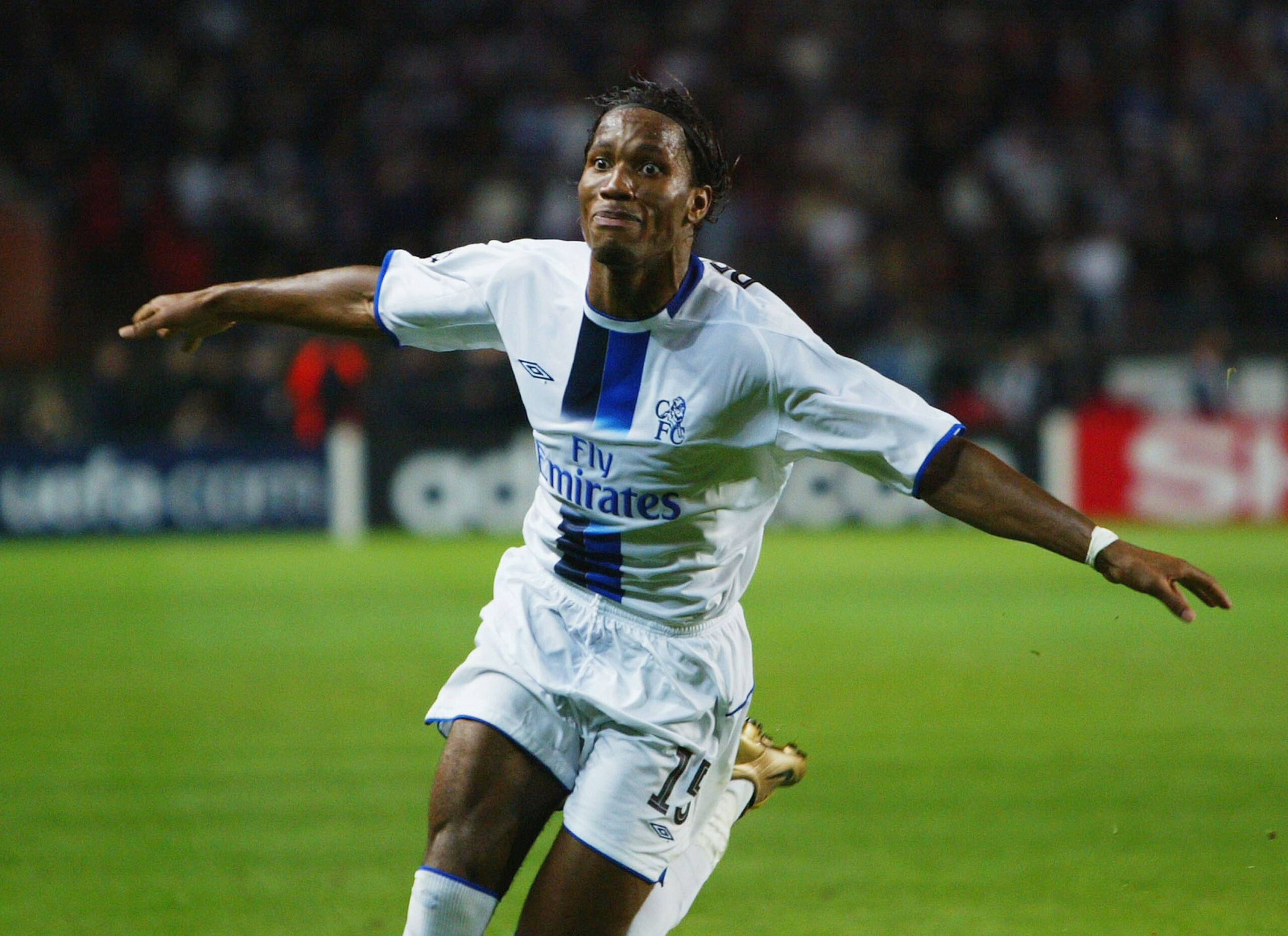Didier Drogba celebrates after scoring for Chelsea against Paris Saint-Germain in the Champions League in September 2004.