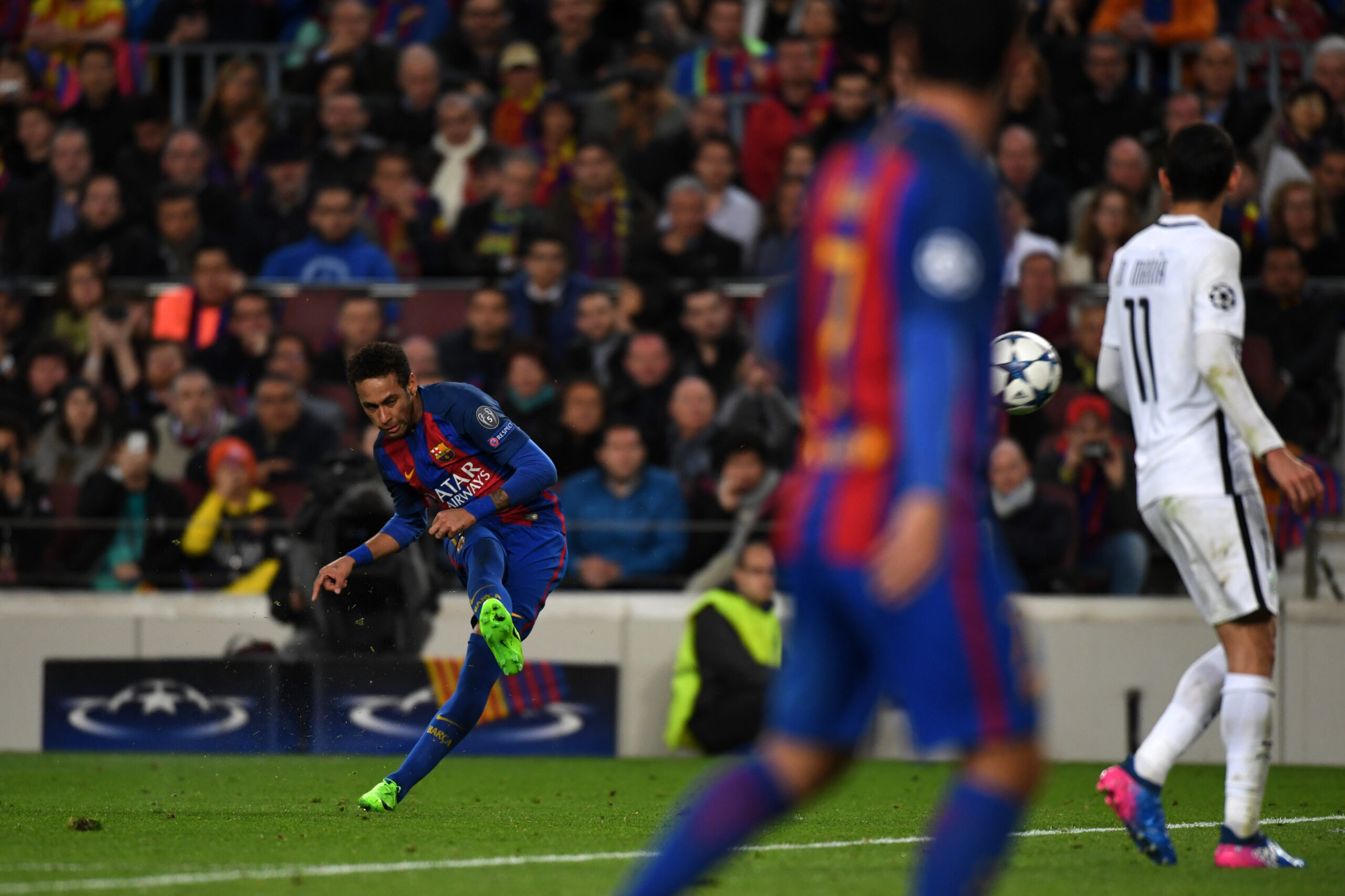 Neymar scores a free-kick for Barcelona against Paris Saint-Germain in the Champions League in March 2017.