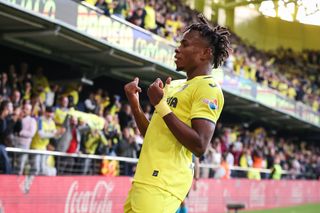 Samuel Chukwueze celebrates a goal for Villarreal against Valencia in December 2022.