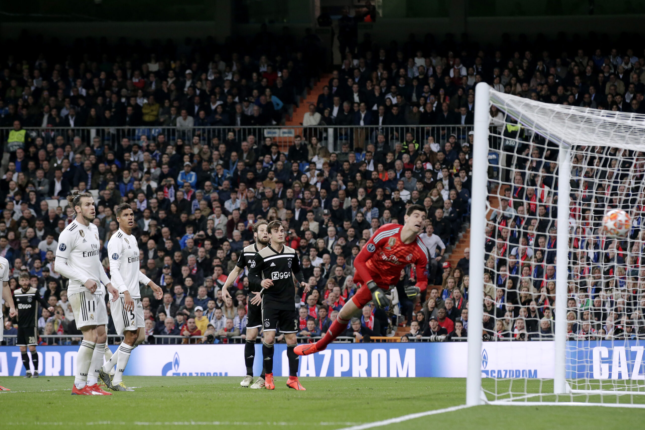 Lasse Schone scores a free-kick for Ajax against Real Madrid in the Champions League in March 2019.