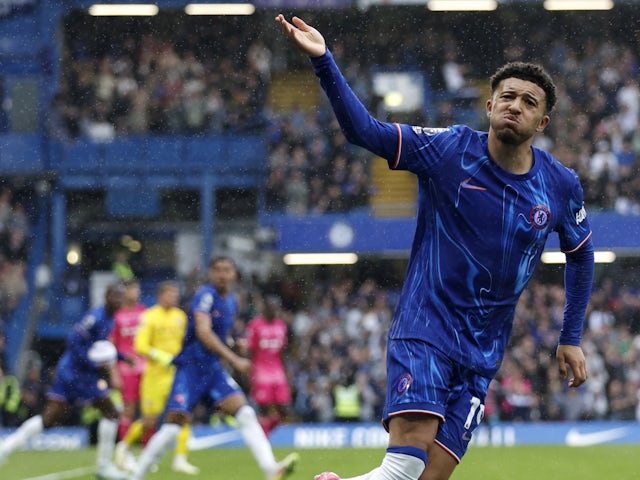Jadon Sancho celebrates scoring against Ipswich Town on April 13, 2025