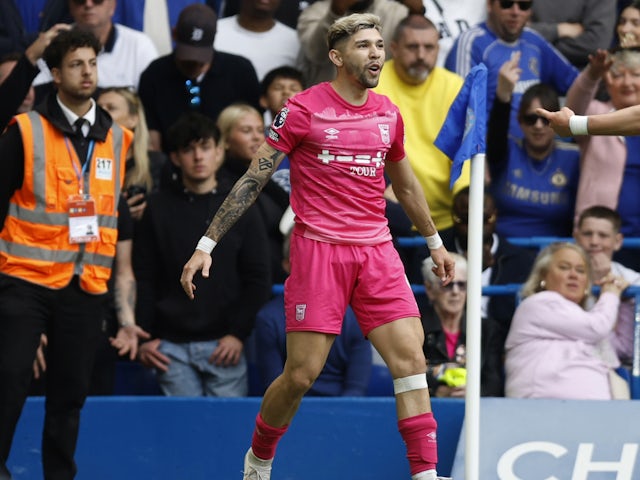 Julio Enciso celebrates scoring for Ipswich Town against Chelsea on April 13, 2025