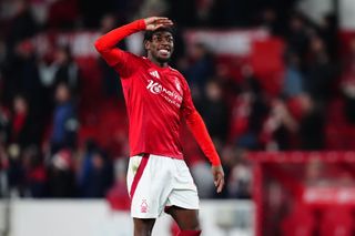 Nottingham Forest's Anthony Elanga salutes the fans in celebration at full-time of the Premier League match against Manchester United at the City Ground in Nottingham, England on 1 April, 2025.