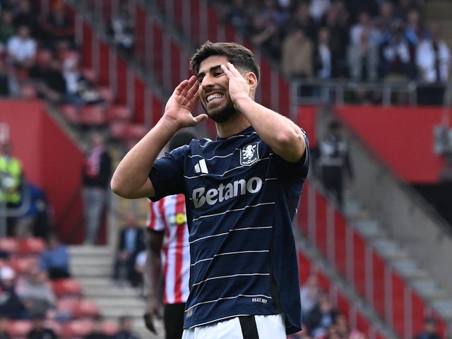 Marco Asensio of Aston Villa reacts to missing on April 12, 2025