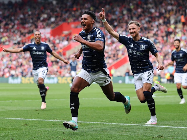Ollie Watkins of Aston Villa celebrates making it 1-0 on April 12, 2025