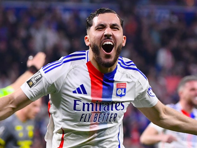 Lyon's Rayan Cherki celebrates on April 5, 2025