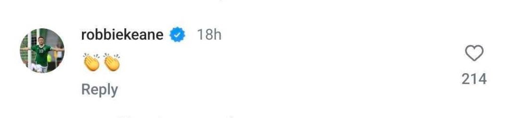 Screengrab of Robbie Keane comment on Tottenham Instagram post on new Lucas Bergvall contract