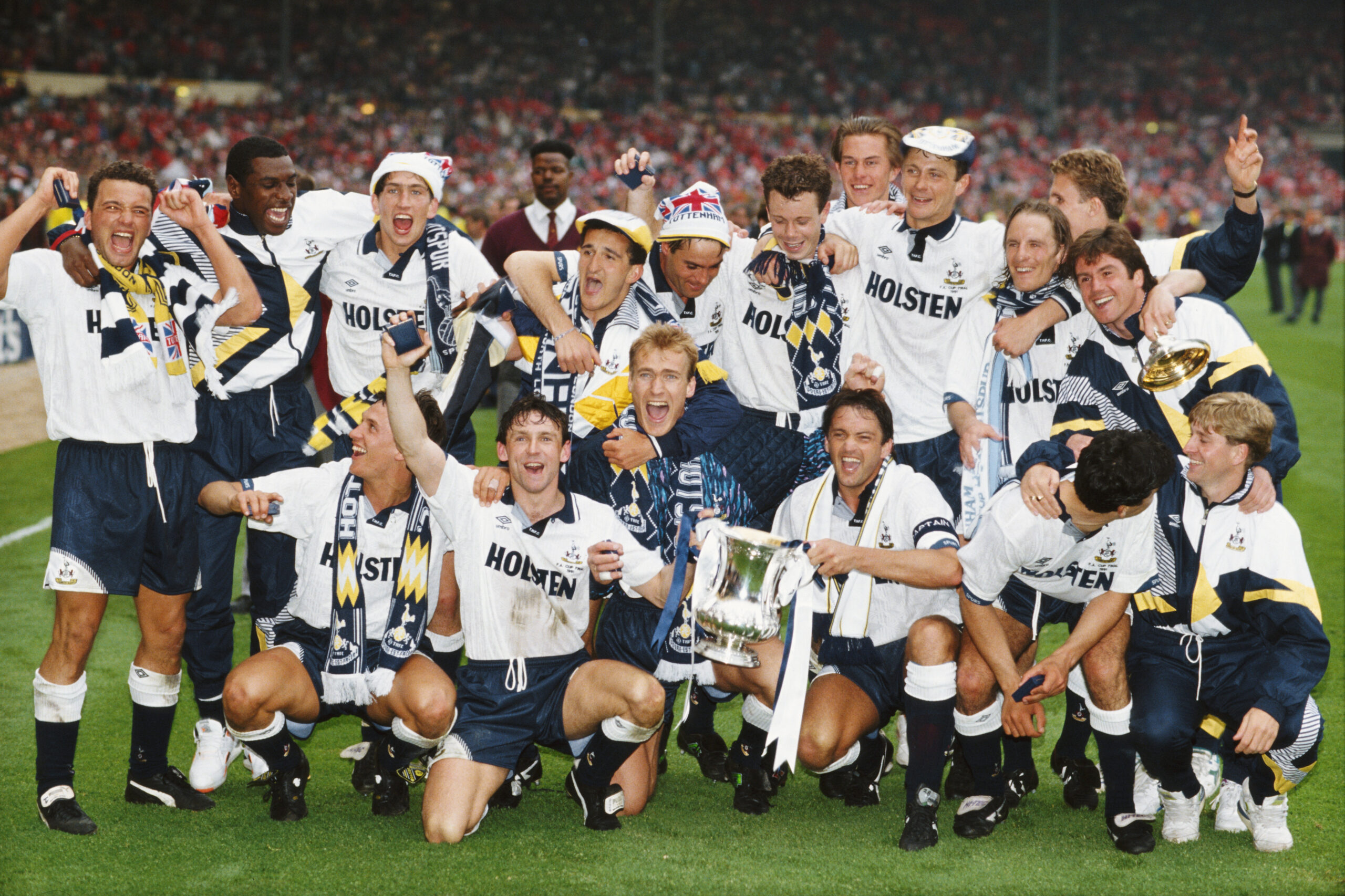 Tottenham players celebrate with the FA Cup after victory over Nottingham Forest in the 1991 final at Wembley.