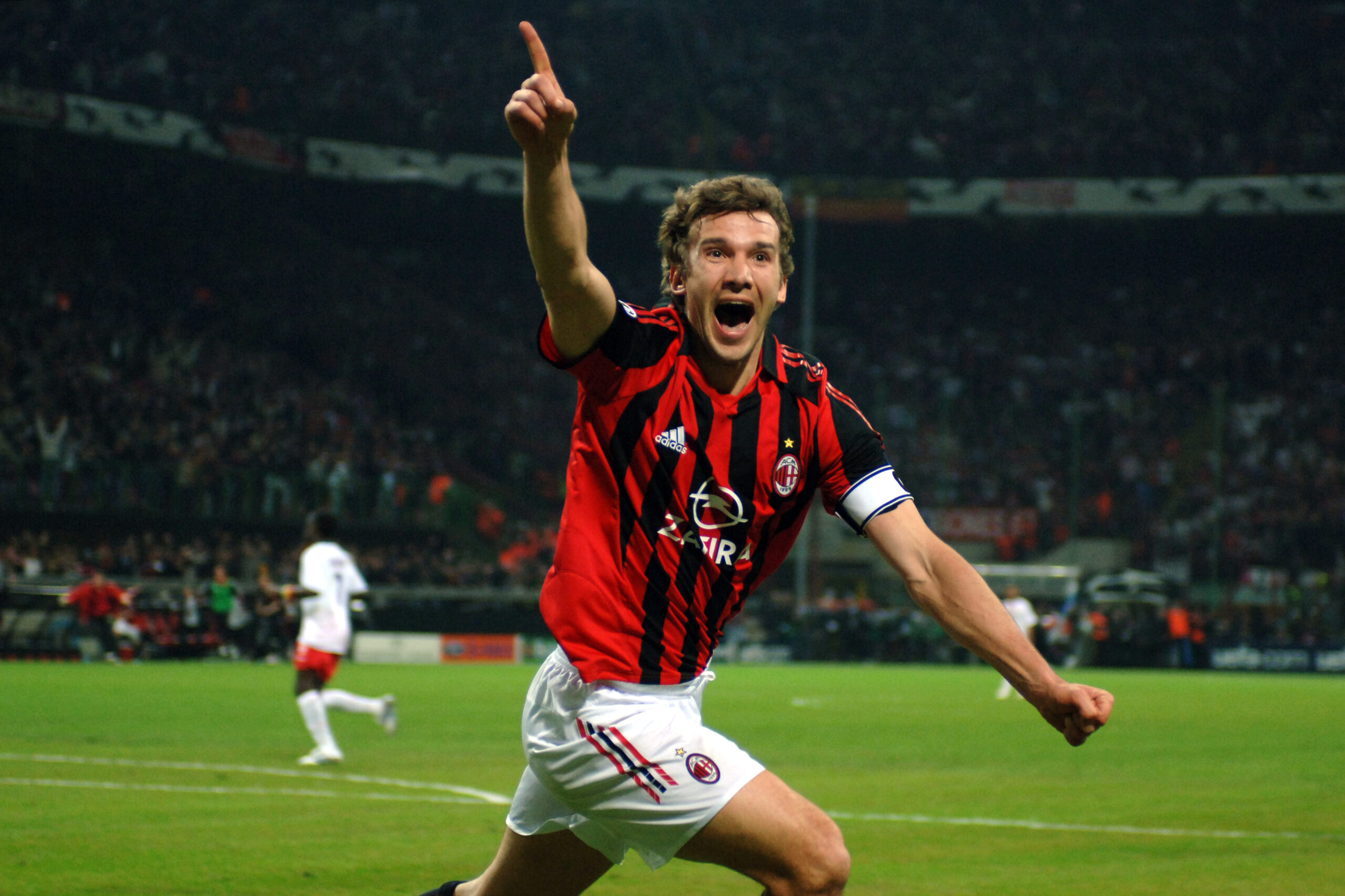 Andriy Shevchenko celebrates after scoring for AC Milan against Lyon in the Champions League in April 2006.