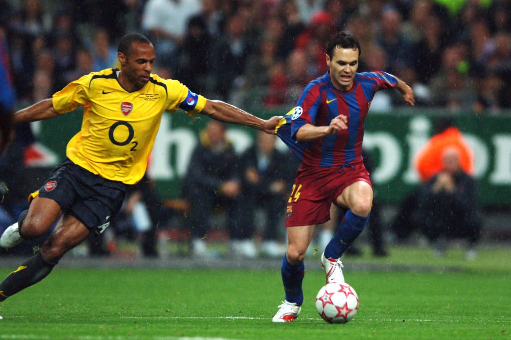 PARIS, FRANCE - May 17: Carles Puyol, Ronaldinho, Giovanni van Bronckhorst and Henrik Larsson of Barcelona lift the European Cup after winning the UEFA Champions League Final match between Barcelona and Arsenal at Stade De France on May 17, 2006 in Paris, France. (Photo by Mike Mayhew/Sportsphoto/Allstar via Getty Images)