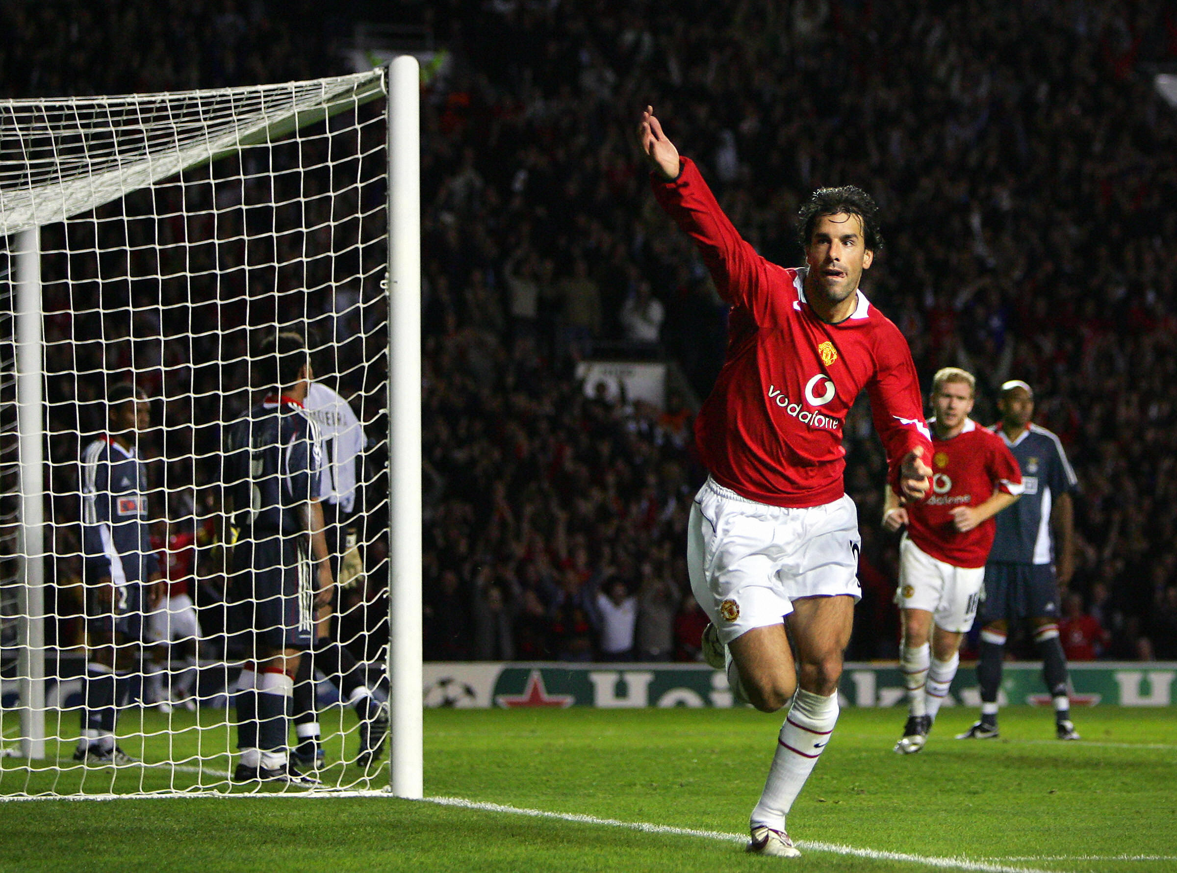 Ruud van Nistelrooy celebrates after scoring for Manchester United against Benfica in the Champions League in September 2005.