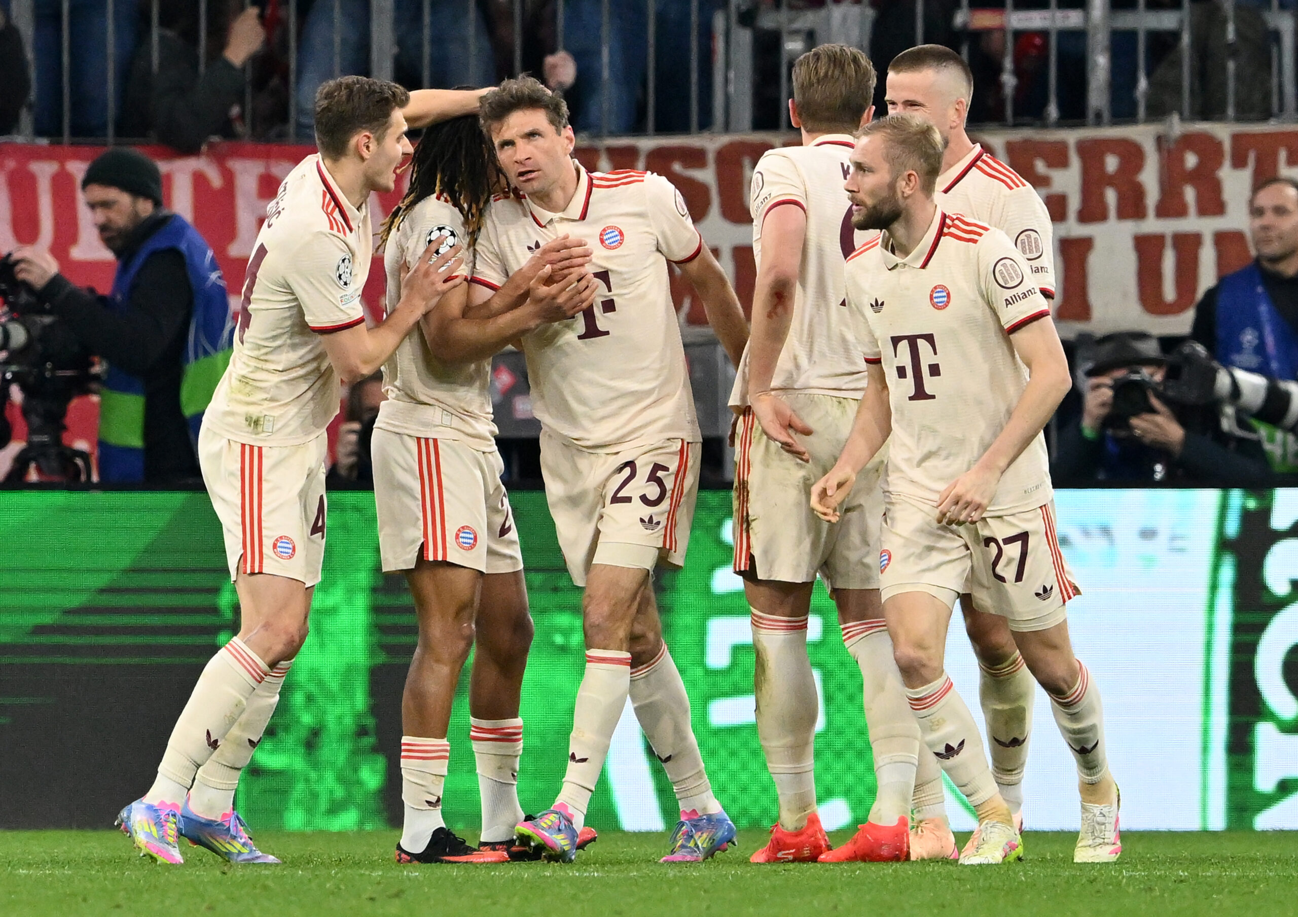 Thomas Muller is congratulated by his team-mates after scoring for Bayern Munich against Inter in the Champions League in April 2025.