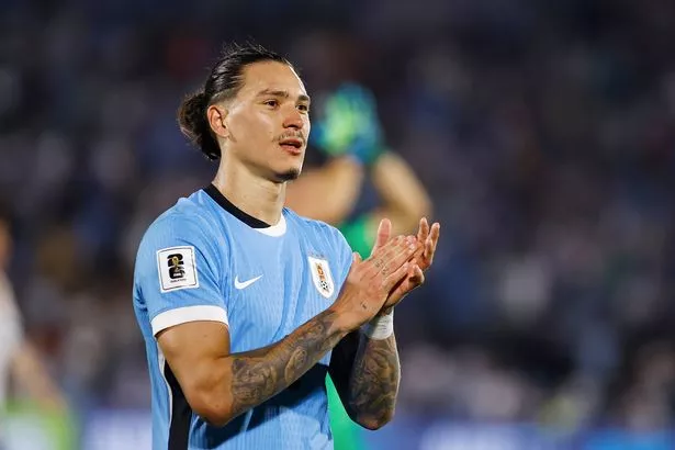 Darwin Núñez of Uruguay celebrates after winning the South American Qualifier match between Uruguay and Colombia at Centenario Stadium on November 15, 2024