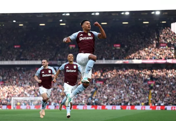 Ollie Watkins of Aston Villa celebrates scoring his team's first goal during the Premier League match between Aston Villa FC and Newcastle United FC at Villa Park on April 19, 2025 in Birmingham, England.