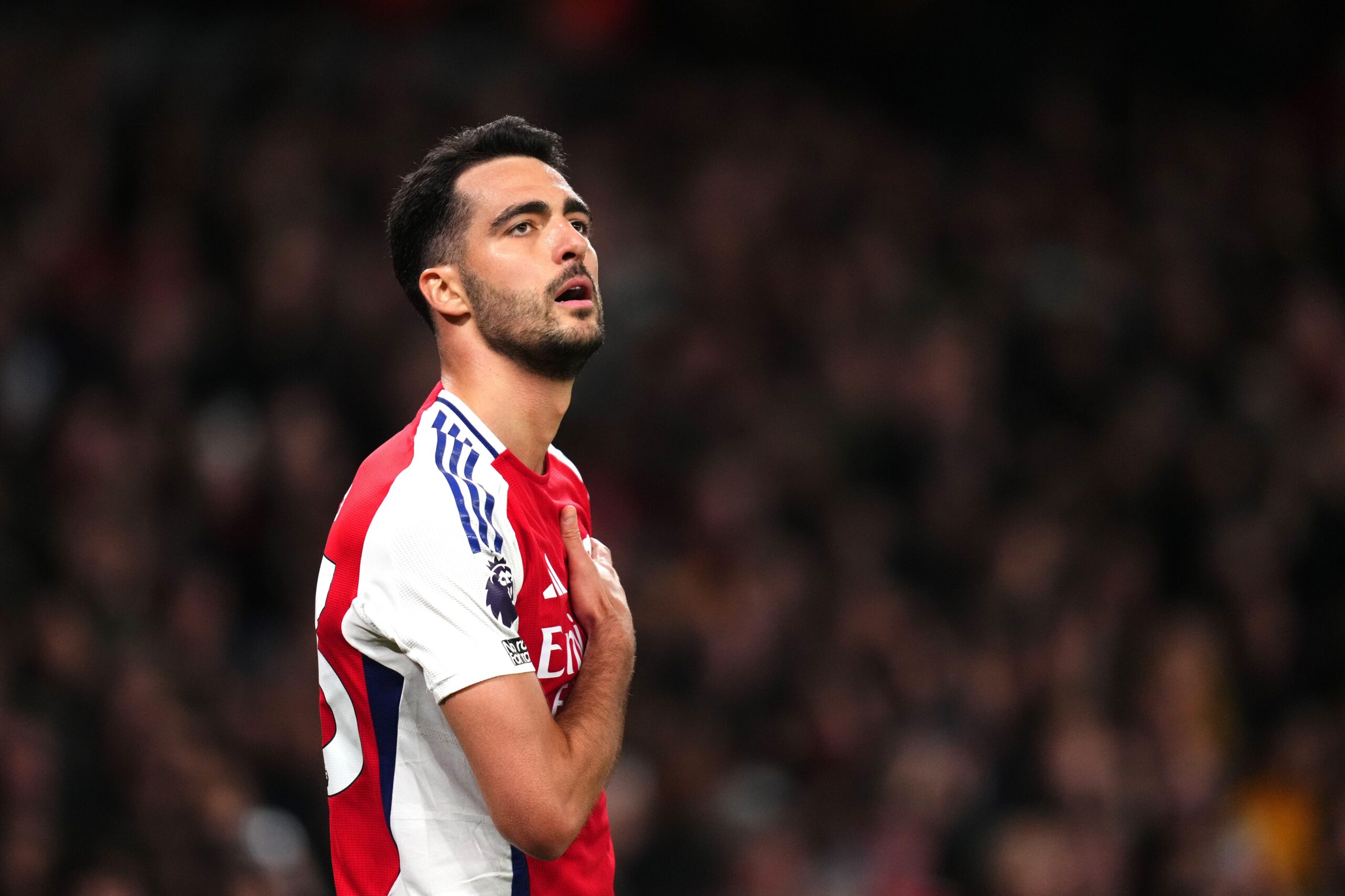 Mikel Merino celebrates after scoring for Arsenal against Fulham, April 2025.