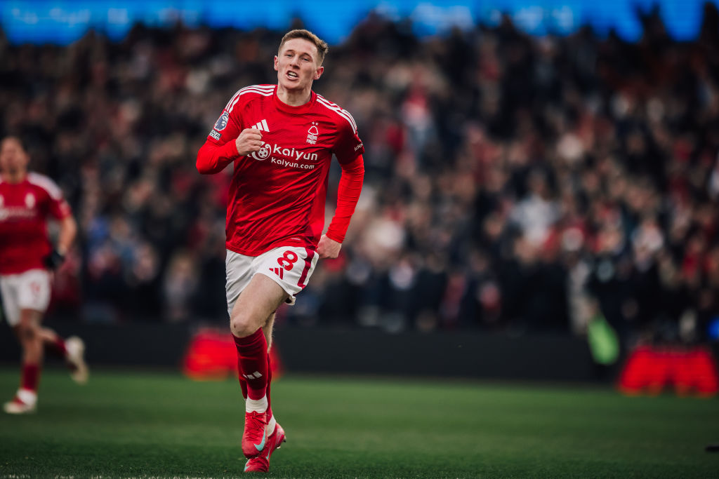 NOTTINGHAM, ENGLAND - JANUARY 19:Elliot Anderson of Nottingham Forest celebrates scoring the opening goal during the Premier League match between Nottingham Forest FC and Southampton FC at City Ground on January 19, 2025 in Nottingham, United Kingdom. (Photo by Ritchie Sumpter/Nottingham Forest FC via Getty Images)