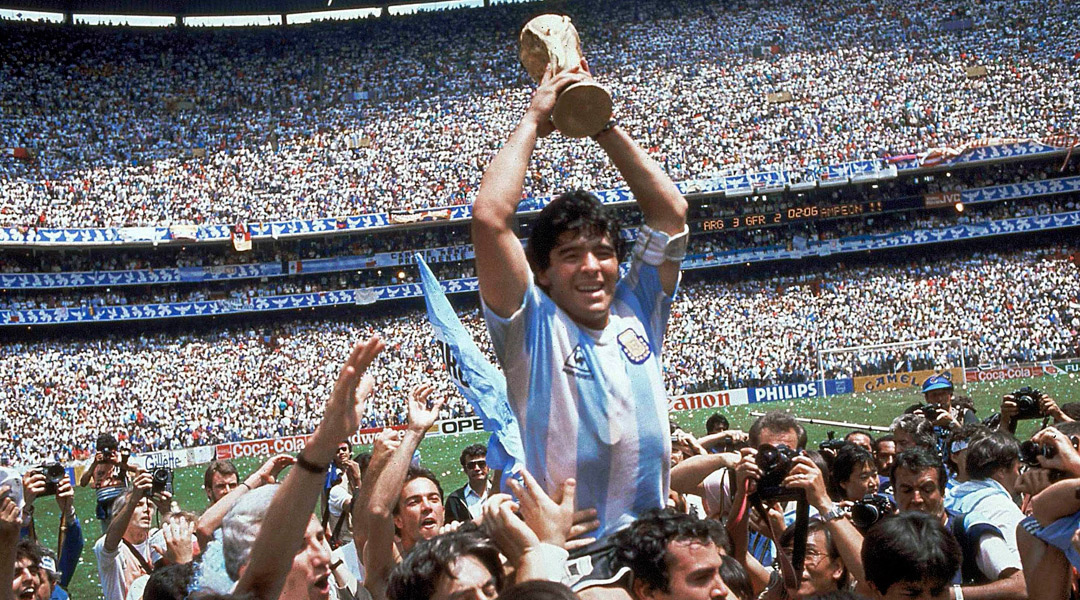 Diego Maradona lifts up the World Cup trophy in 1986