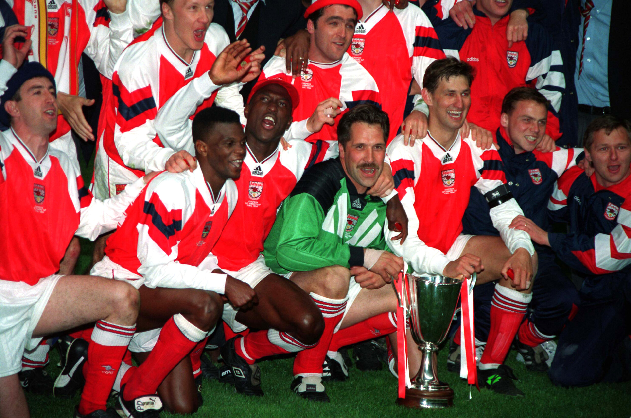 Arsenal players celebrate victory over Parma in the UEFA Cup Winners' Cup final in May 1994.