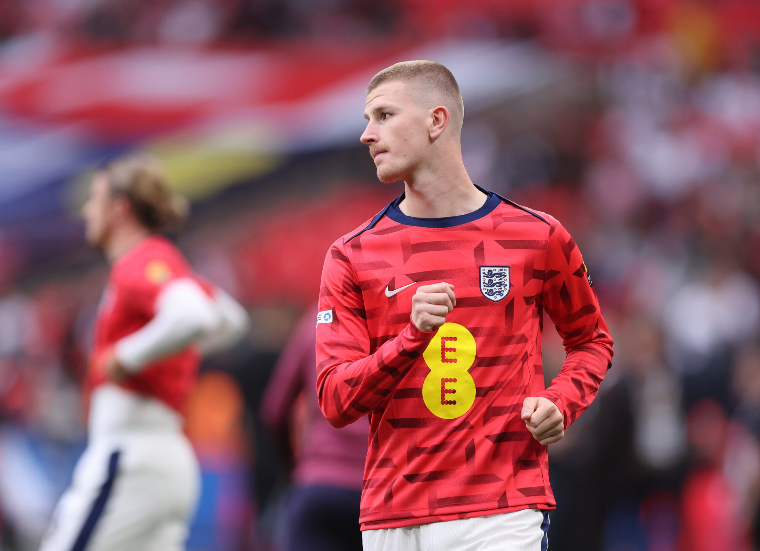 Arsenal target and Crystal Palace midfielder Adam Wharton warms up prior to England's friendly against Iceland at Wembley ahead of Euro 2024.