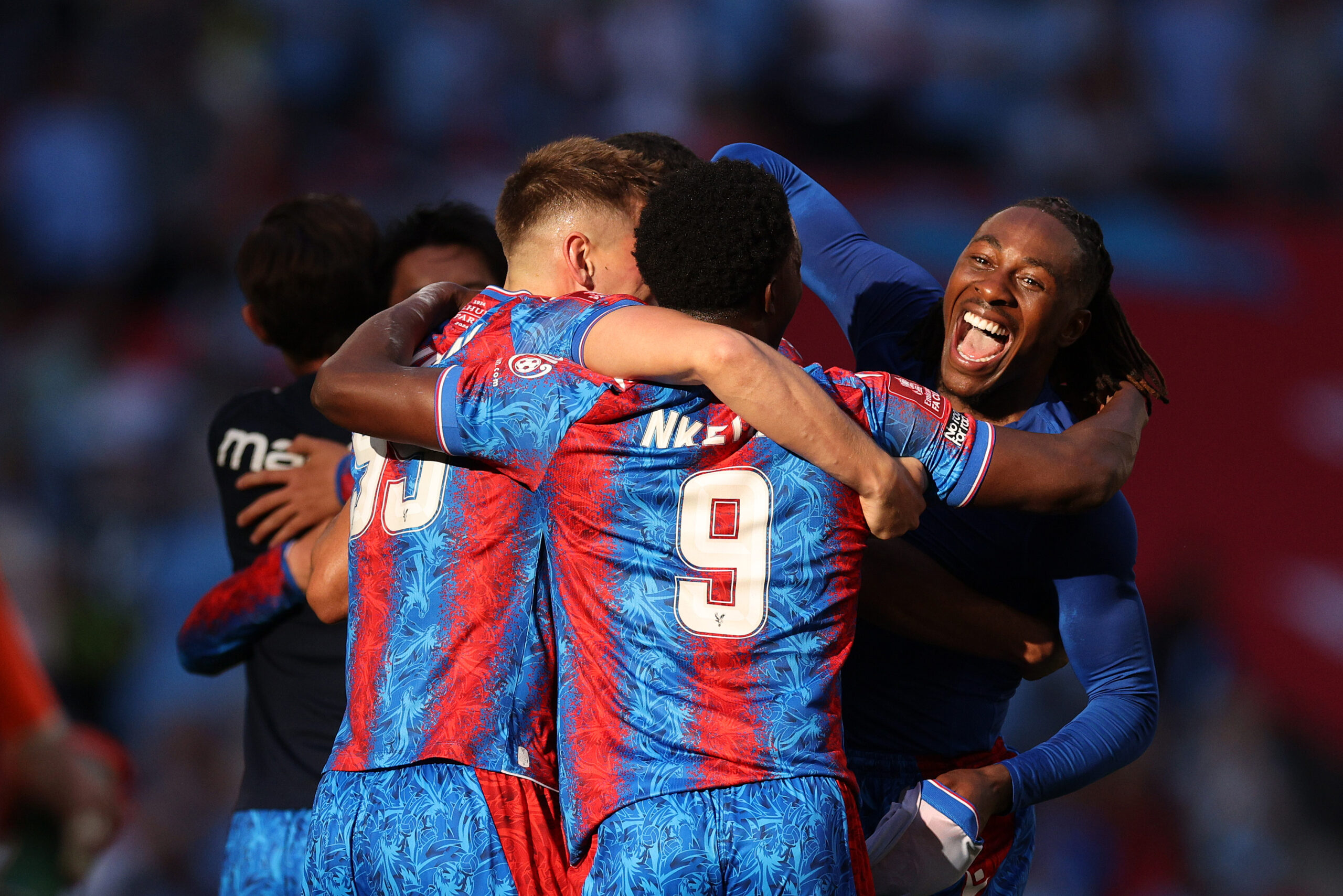 Eberechi Eze celebrates victory over Manchester City with his Crystal Palace team-mates at the end of the FA Cup final in May 2025.