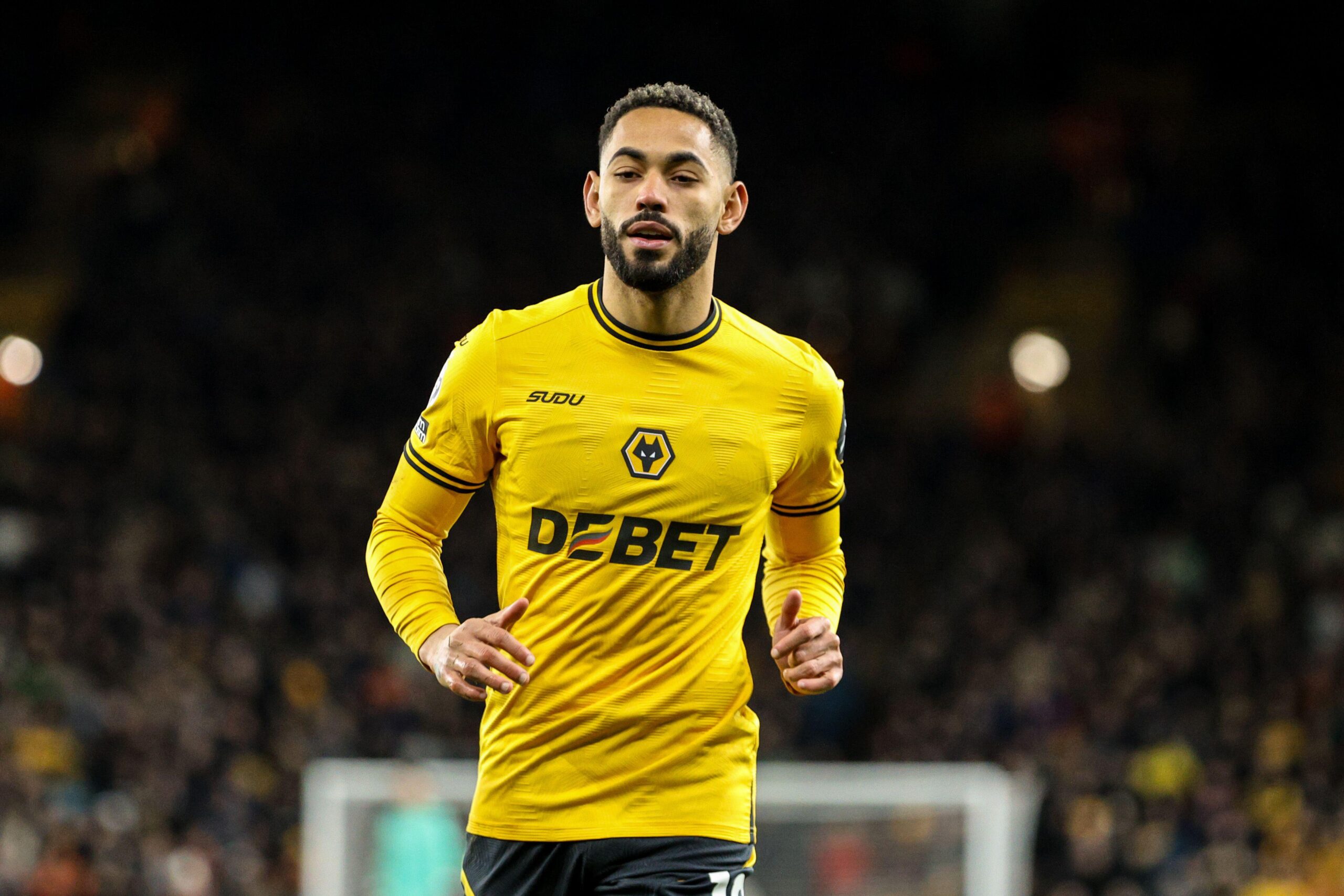Matheus Cunha playing for Wolves against Fulham in the Premier League at Molineux in Wolverhampton, UK on 25 February, 2025.