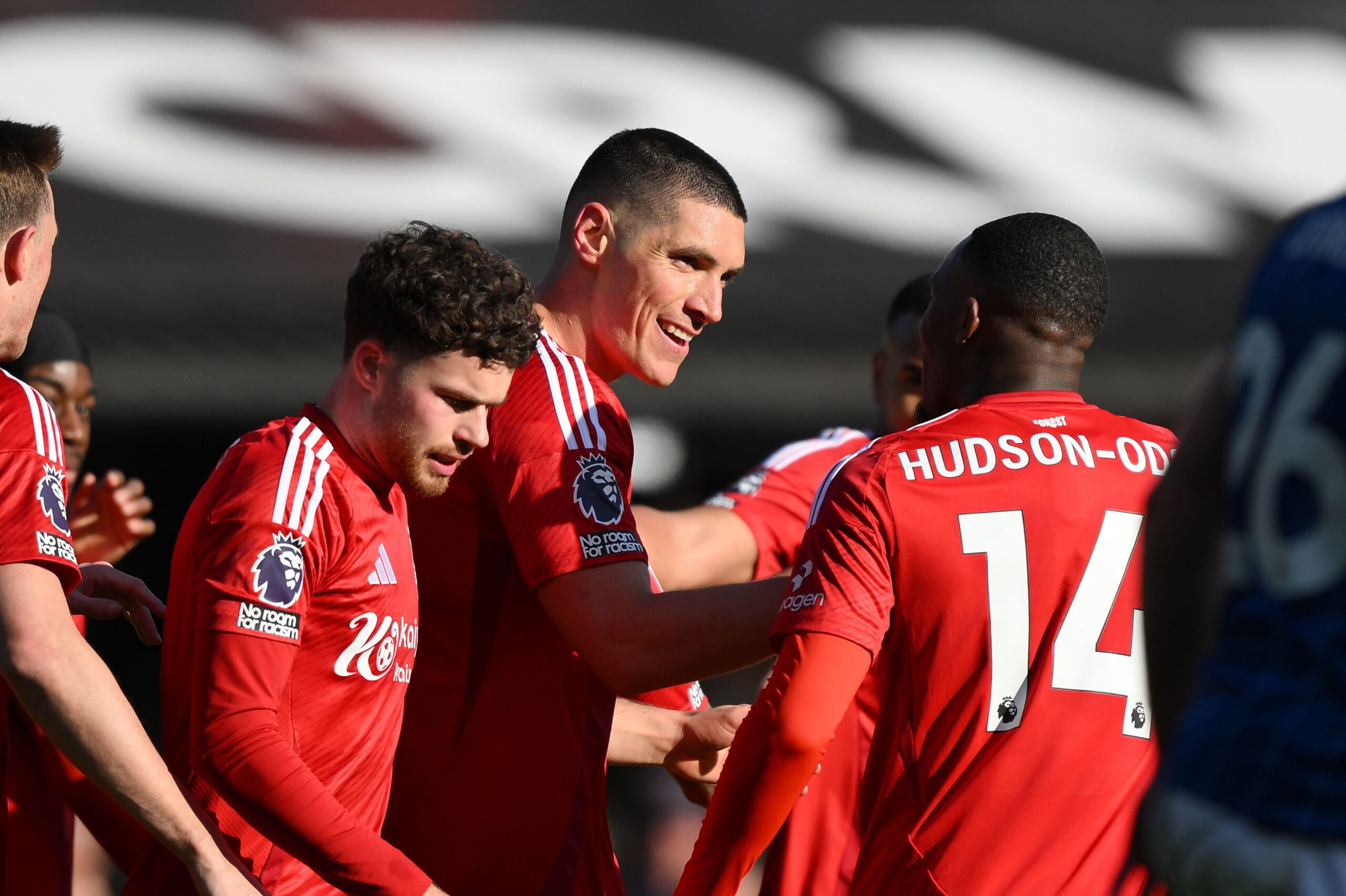 Nikola Milenkovic celebrates with his teammates after scoring the opening goal for Nottingham Forest in the Premier League match against Ipswich Town at Portman Road in Ipswich, UK on 15 March, 2025.