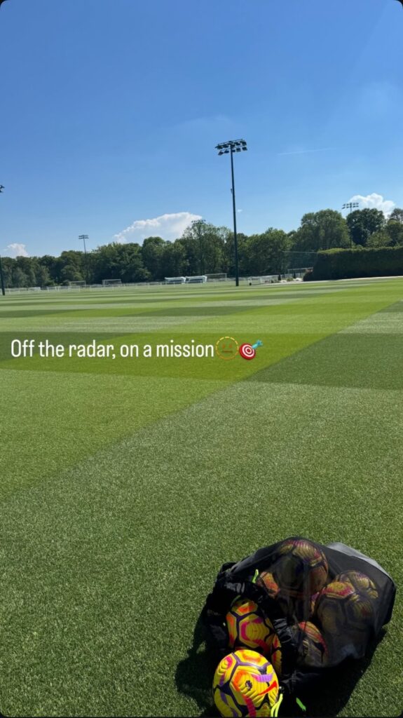 A picture showing a football pitch and a bag of footballs.