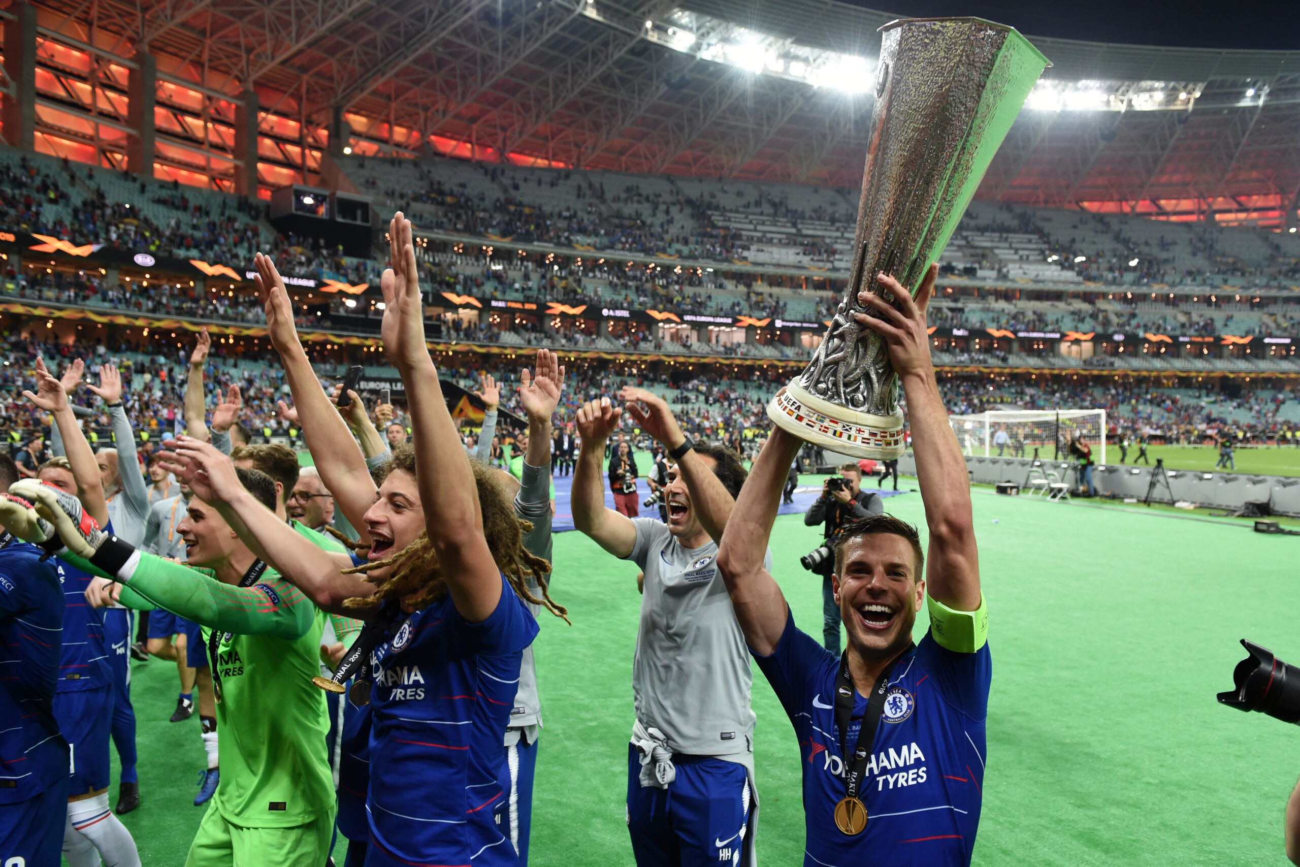 Chelsea celebrate their 2019 UEFA Europa League success over Arsenal in Baku