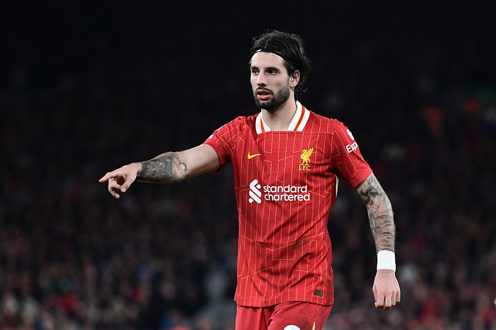 LIVERPOOL, ENGLAND - APRIL 2: Liverpool's Dominik Szoboszlai reacts during the Premier League match between Liverpool FC and Everton FC at Anfield on April 2, 2025 in Liverpool, England. (Photo by Richard Martin-Roberts - CameraSport/CameraSport via Getty Images)