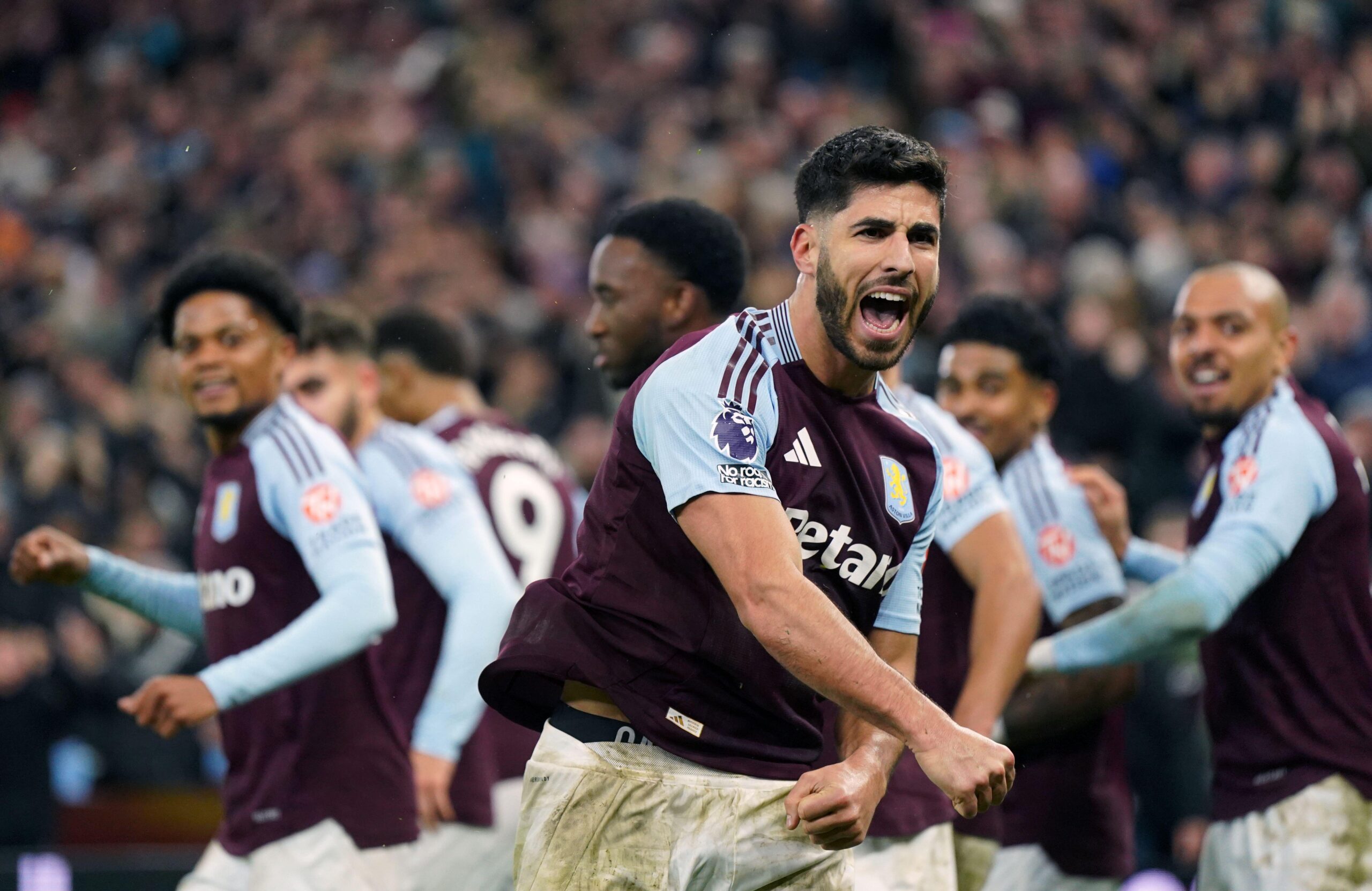 Marco Asensio of Aston Villa celebrates after scoring his side's second and winning goal during the Premier League match against Chelsea at Villa Park in Birmingham, England on 22 February, 2025.