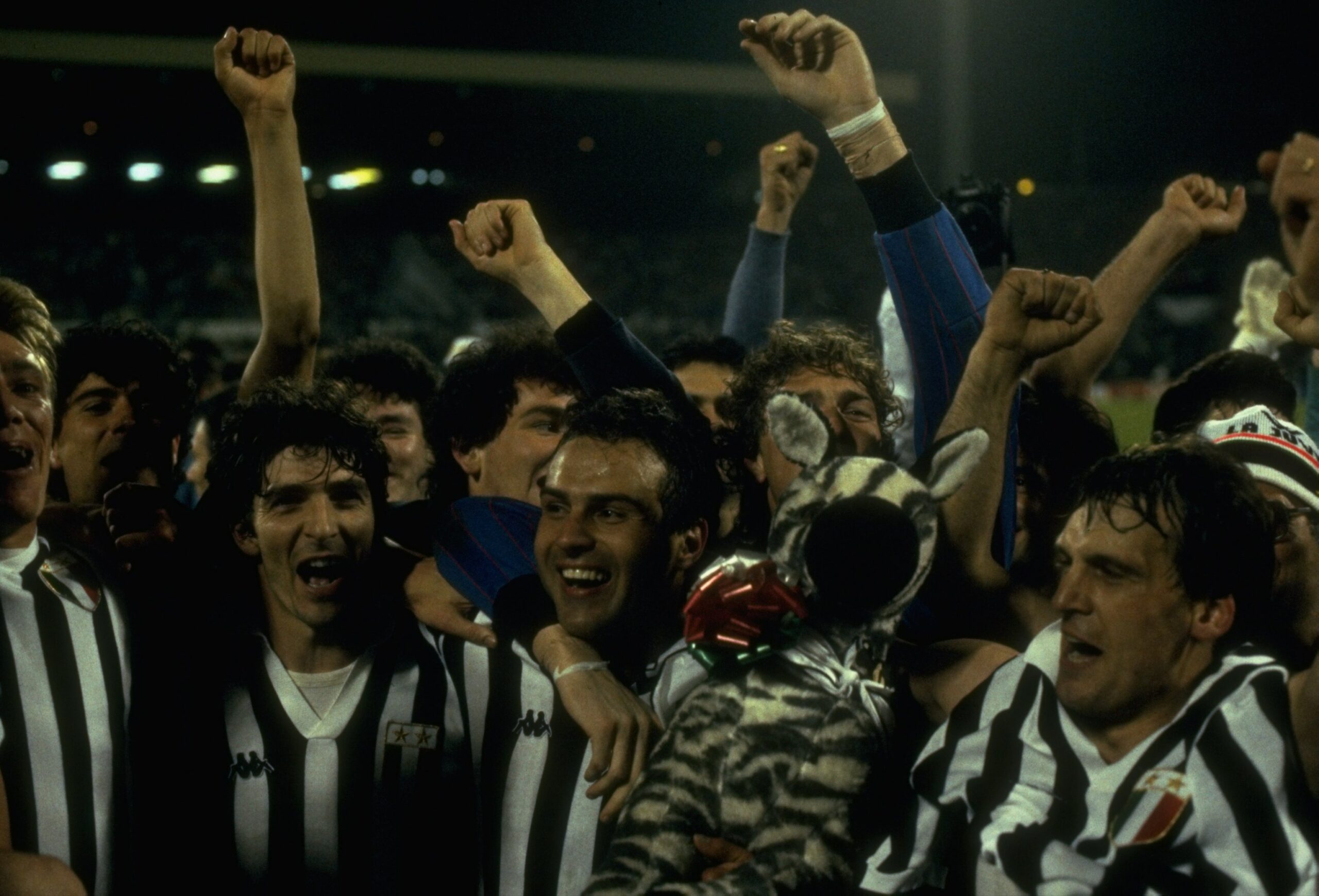 Juventus players celebrate after beating Liverpool to win the 1985 European Cup final, which was marred by crowd trouble as 39 fans lost their lives.