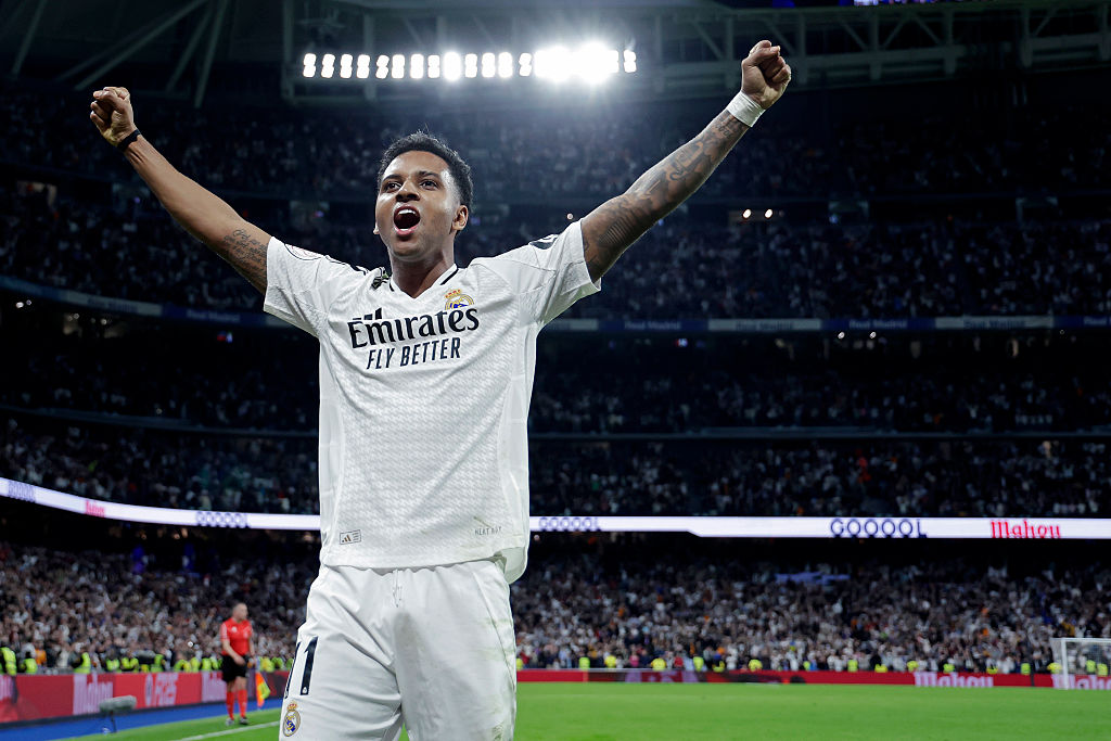 Liverpool target Rodrygo of Real Madrid celebrates his assist at the 3-3 during the Spanish Copa del Rey match between Real Madrid v Real Sociedad at the Estadio Santiago Bernabeu on April 1, 2025 in Madrid Spain