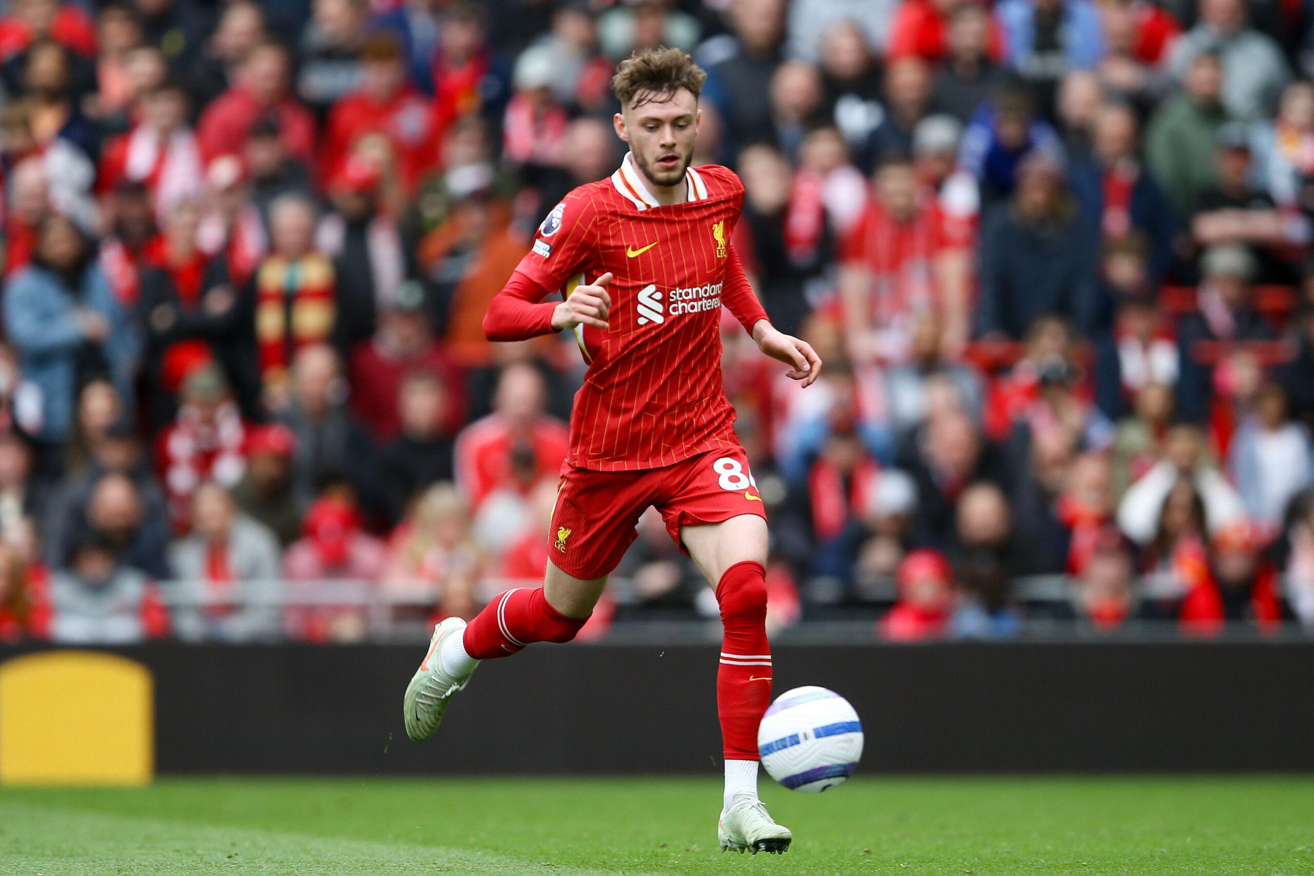 Conor Bradley playing for Liverpool against West Ham United, April 2025.