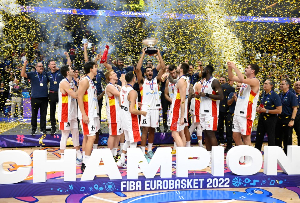 Spain's basketball team celebrates their FIBA EuroBasket 2022 championship win.